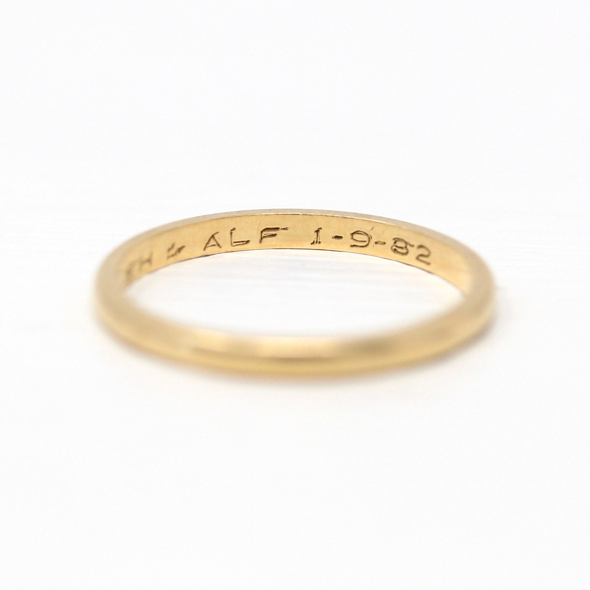 Sale - Dated 1982 Band - Modern 14k Yellow Gold Engraved "JEH to ALF 1-9-82" Ring - Estate Circa 1980s Era Size 4 3/4 Wedding Unisex Jewelry