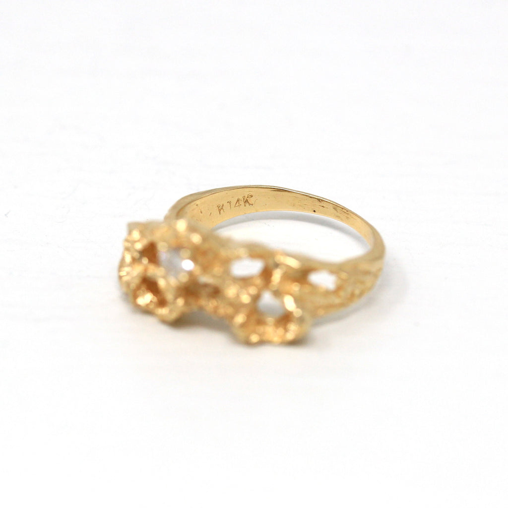 Sale - Brutalist Style Ring - Retro 14k Yellow Gold Genuine .08 CT Diamond Textured Coral - Vintage Circa 1970s Size 5 1/4 Fine 70s Jewelry