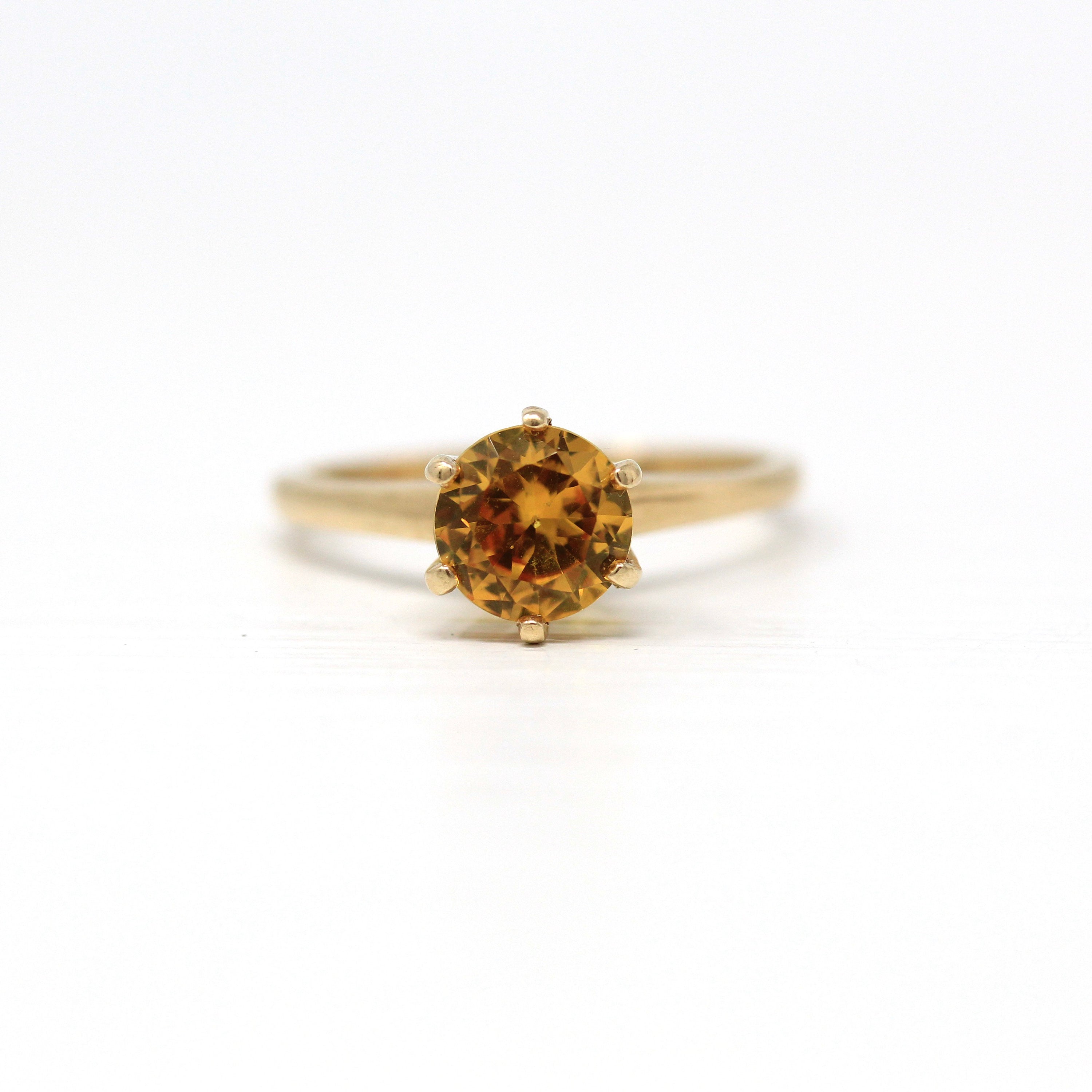 Sale - Created Orange Sapphire Ring - Retro 10k Yellow Gold Round Faceted 1.29 CT Stone - Vintage 1960s Era Size 5 1/2 Statement 60s Jewelry