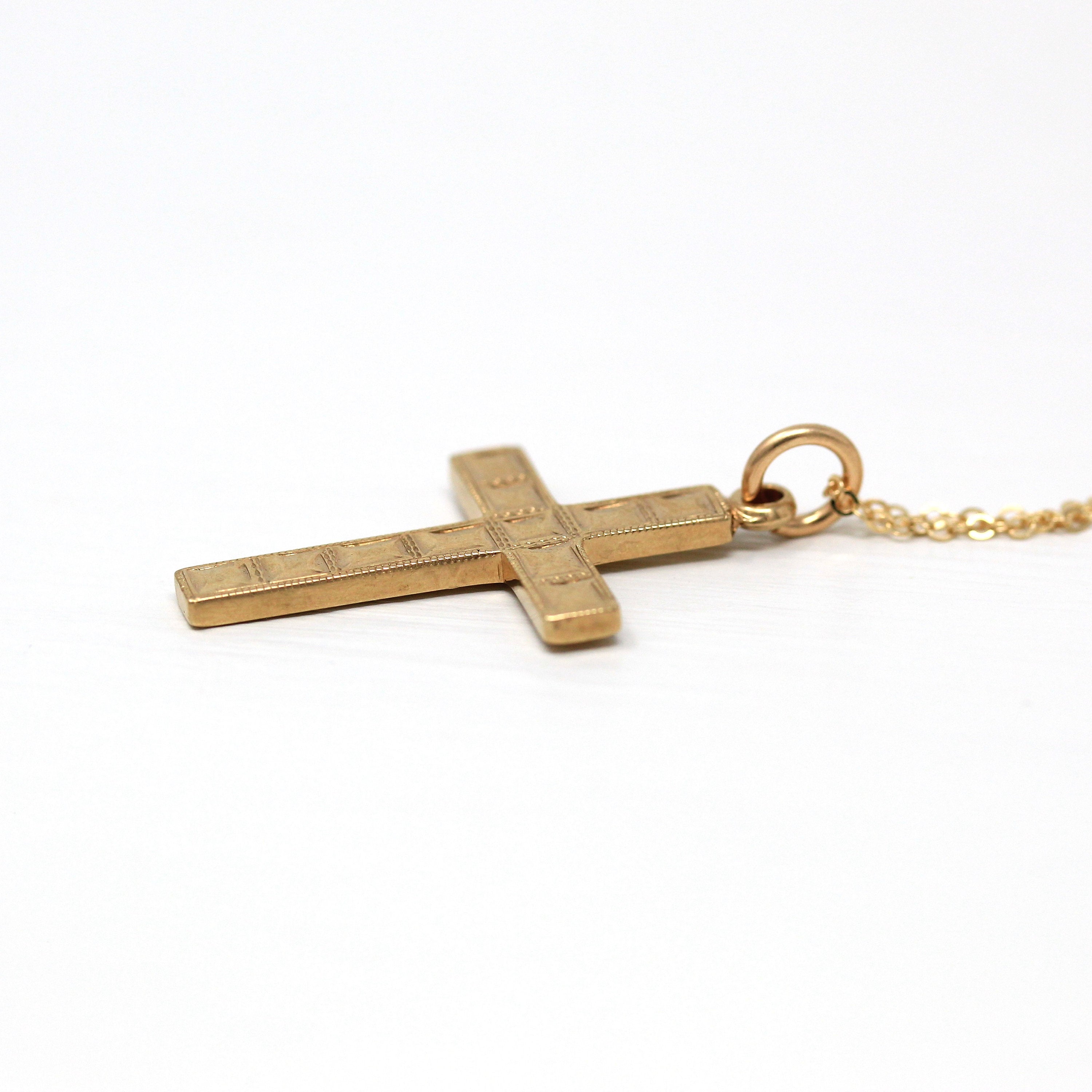 Sale - Vintage Cross Necklace - Retro 10k Yellow Gold Statement Crucifix Pendant Charm - Circa 1940s Era Religious Faith La Mode 40s Jewelry