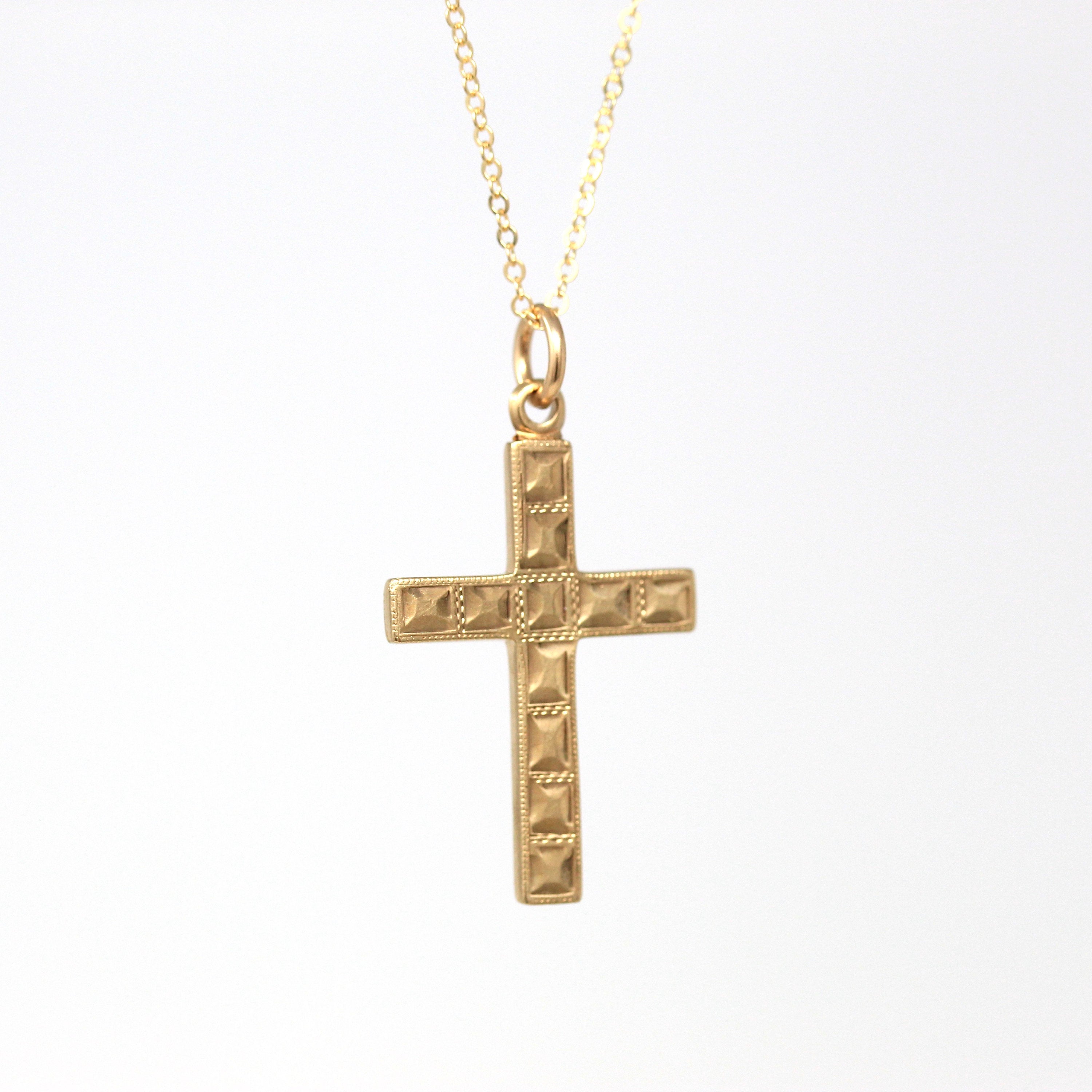 Sale - Vintage Cross Necklace - Retro 10k Yellow Gold Statement Crucifix Pendant Charm - Circa 1940s Era Religious Faith La Mode 40s Jewelry