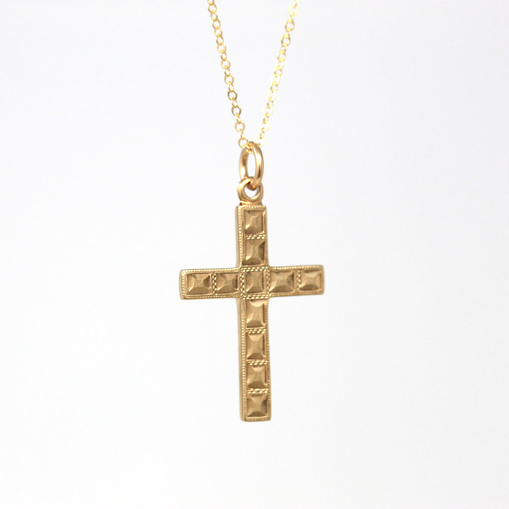 Sale - Vintage Cross Necklace - Retro 10k Yellow Gold Statement Crucifix Pendant Charm - Circa 1940s Era Religious Faith La Mode 40s Jewelry