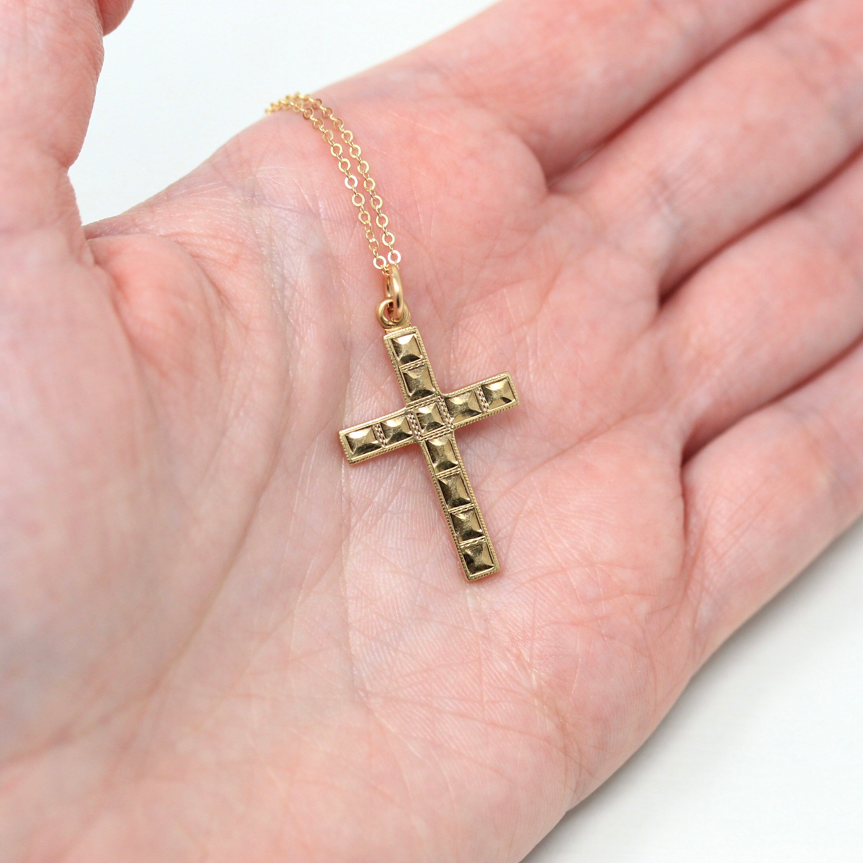 Sale - Vintage Cross Necklace - Retro 10k Yellow Gold Statement Crucifix Pendant Charm - Circa 1940s Era Religious Faith La Mode 40s Jewelry