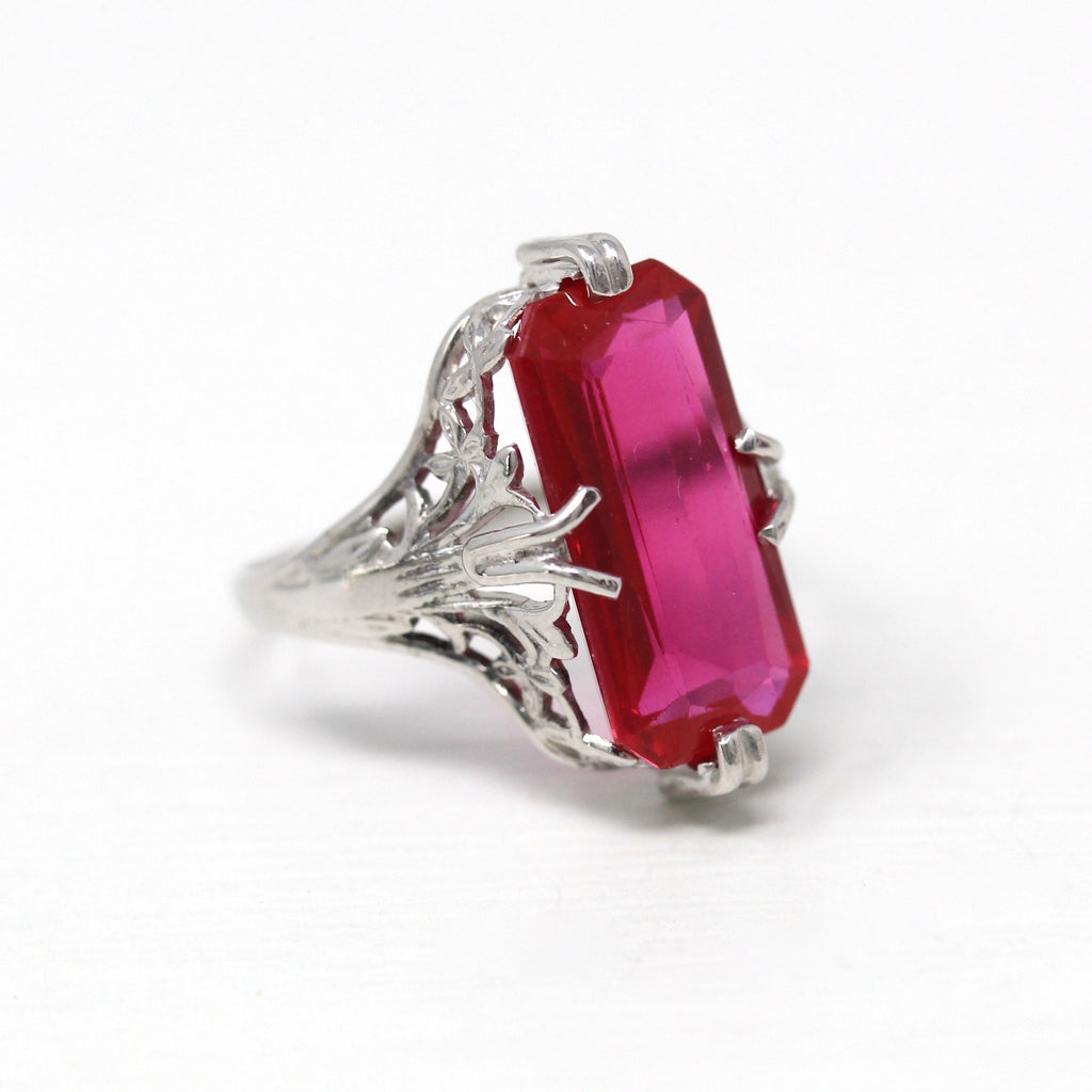 Created Ruby Ring - Art Deco 14k White Gold Rectangular Faceted 4.37 CT Red Stone - Vintage Circa 1930s Size 4 July Birthstone Fine Jewelry