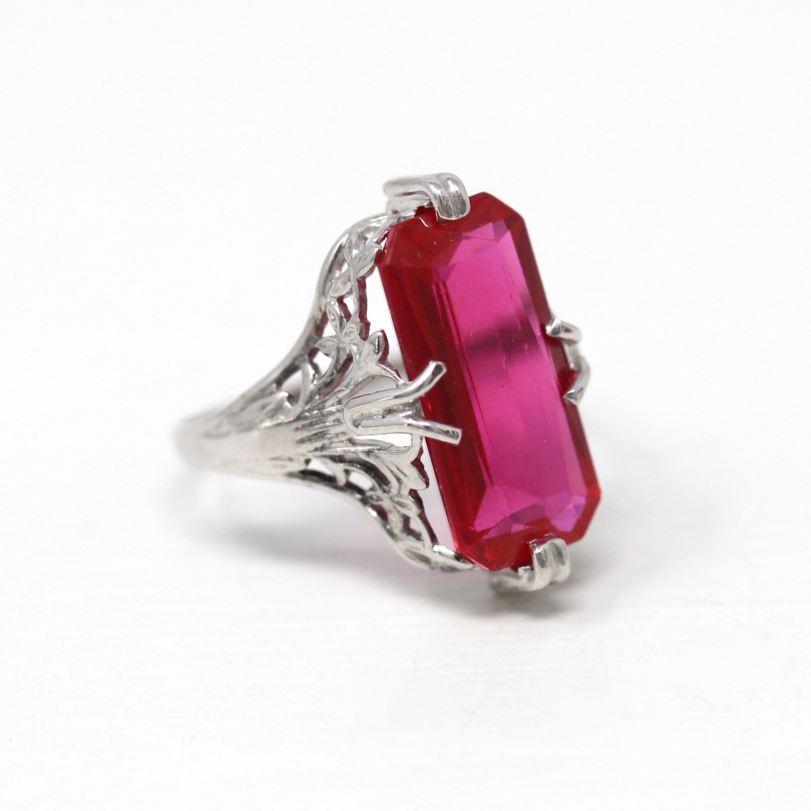 Sale - Created Ruby Ring - Art Deco 14k White Gold Rectangular 4.37 CT Red Stone - Vintage Circa 1930s Size 4 July Birthstone Fine Jewelry