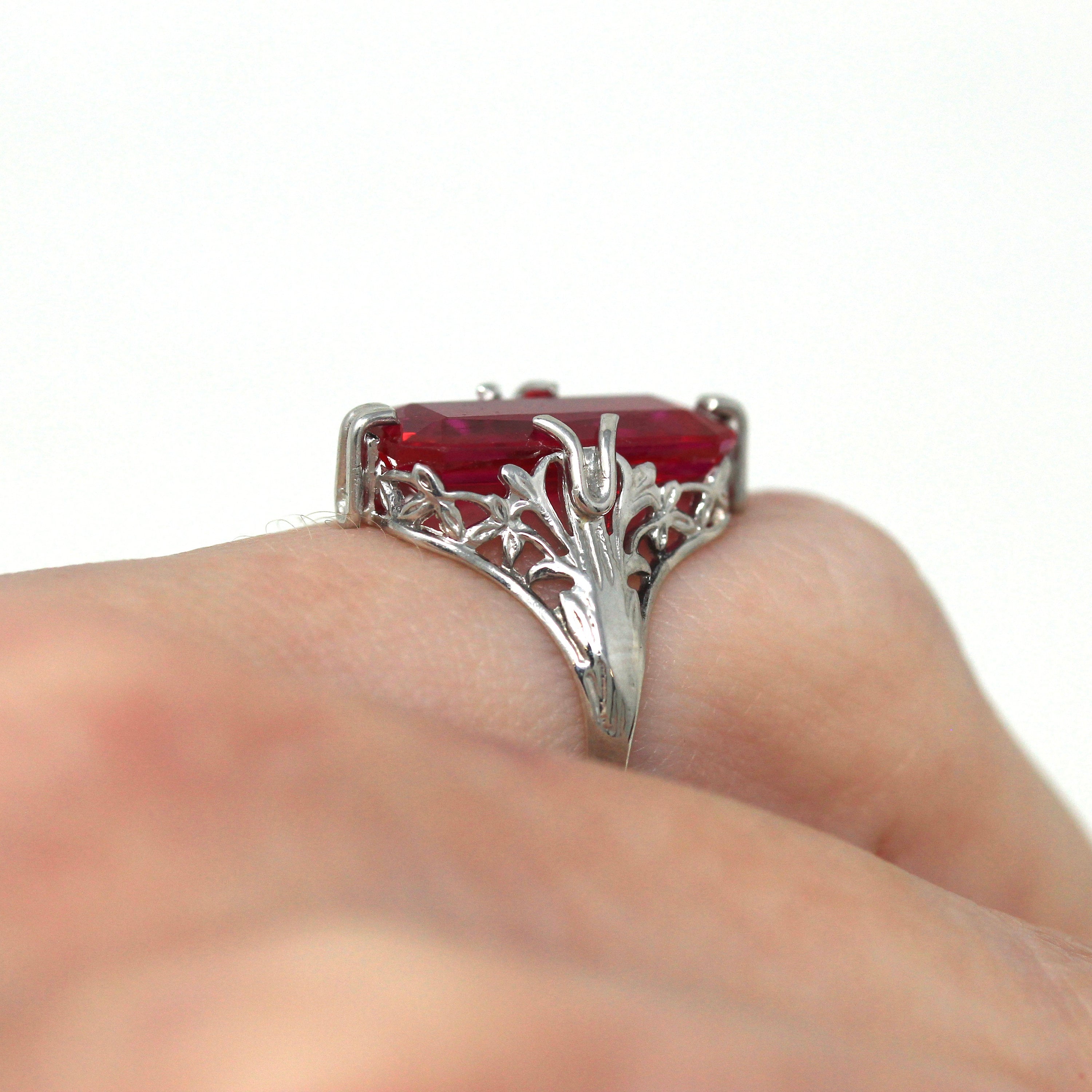 Sale - Created Ruby Ring - Art Deco 14k White Gold Rectangular 4.37 CT Red Stone - Vintage Circa 1930s Size 4 July Birthstone Fine Jewelry