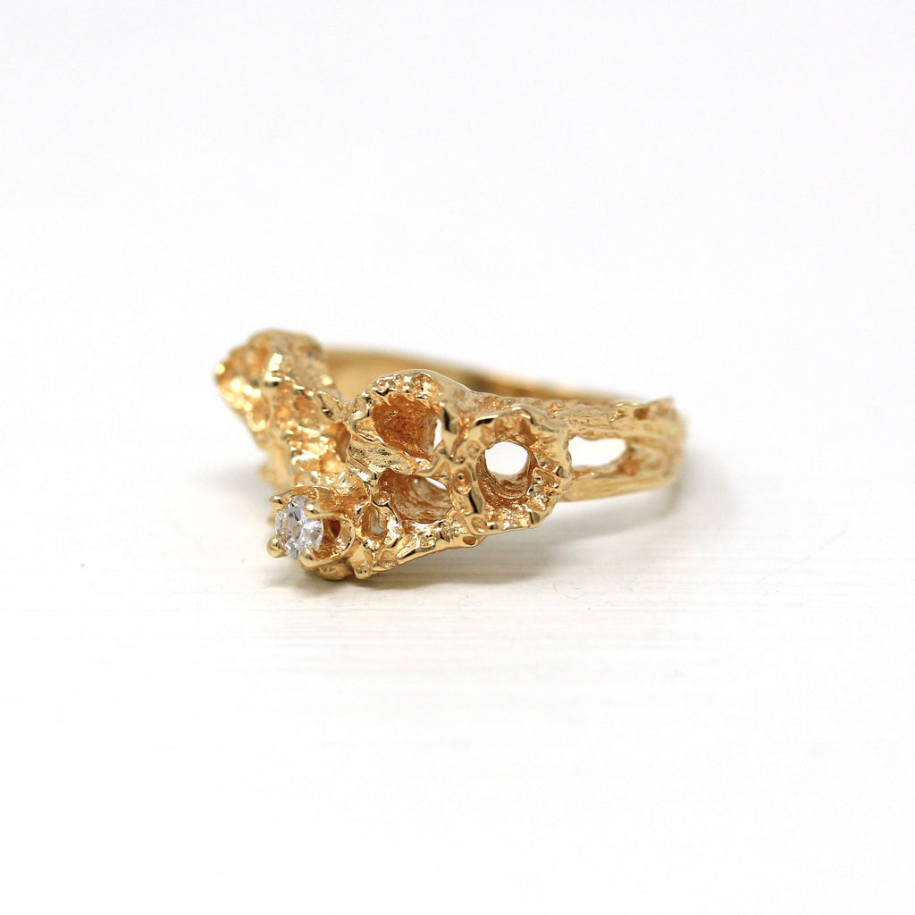 Sale - Brutalist Style Ring - Retro 14k Yellow Gold Genuine .08 CT Diamond Textured Coral - Vintage Circa 1970s Size 5 1/4 Fine 70s Jewelry
