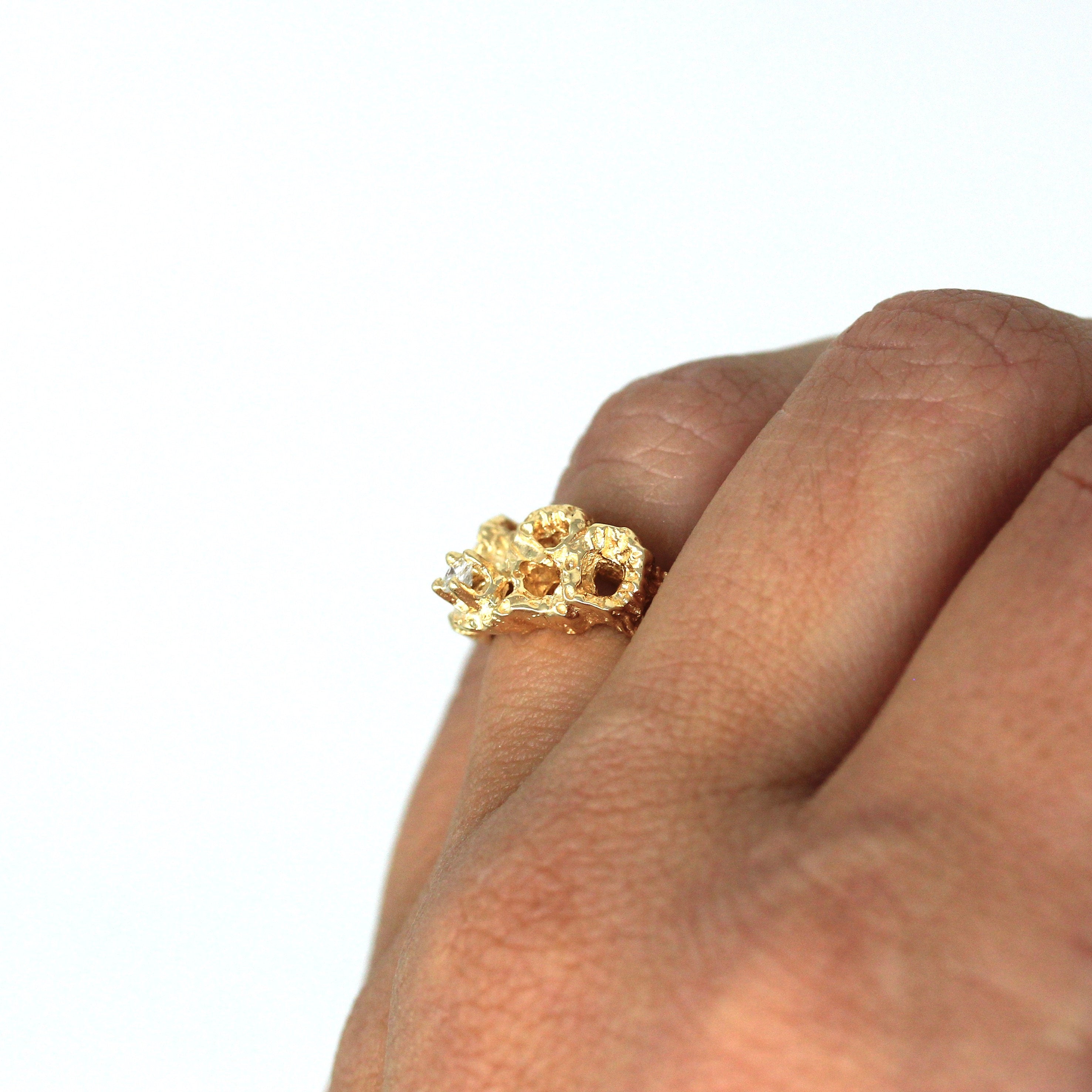 Sale - Brutalist Style Ring - Retro 14k Yellow Gold Genuine .08 CT Diamond Textured Coral - Vintage Circa 1970s Size 5 1/4 Fine 70s Jewelry