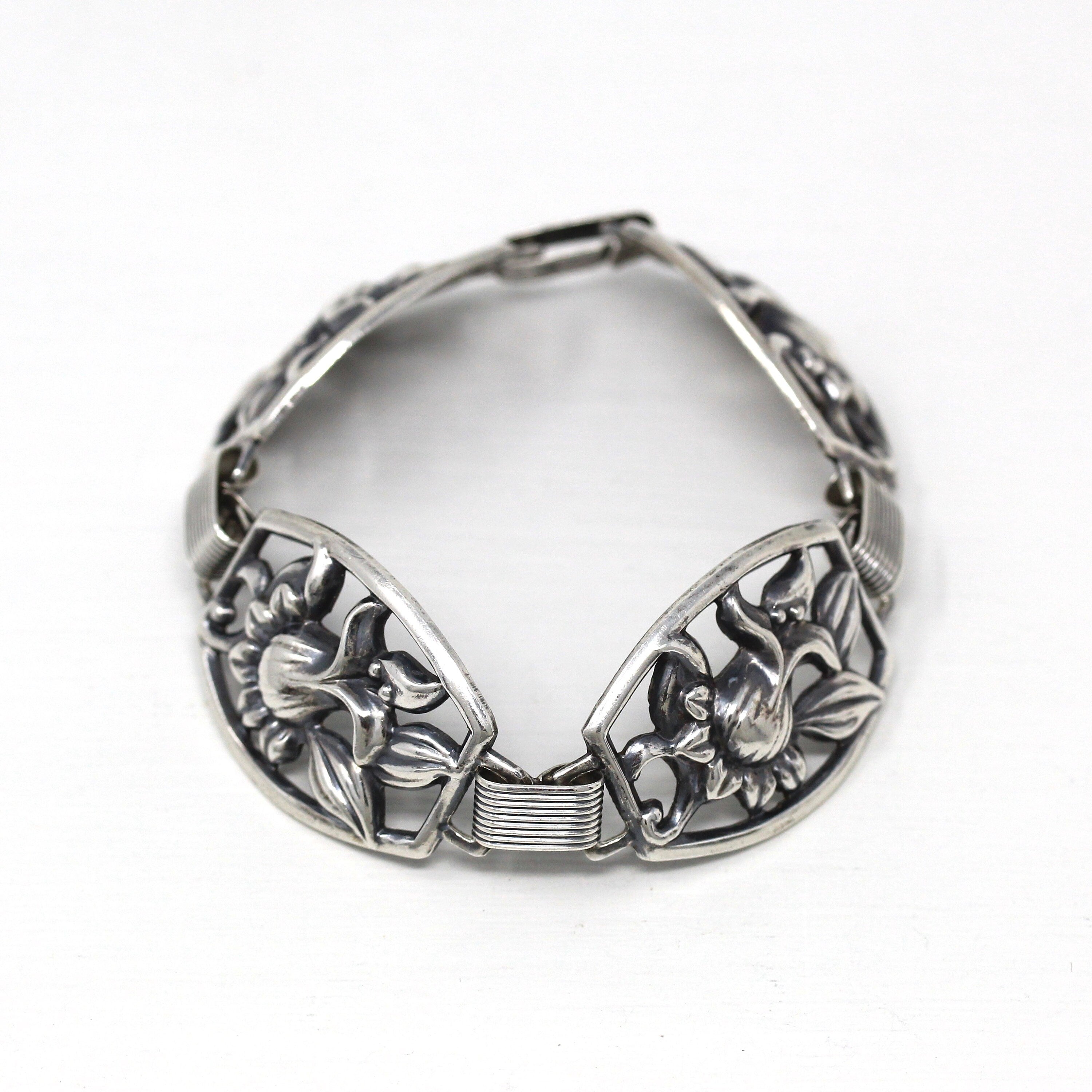 Vintage Flower Bracelet - Retro Sterling Silver Floral Nature Inspired Statement - Circa 1960s Era Accessory Designer Danecraft 60s Jewelry