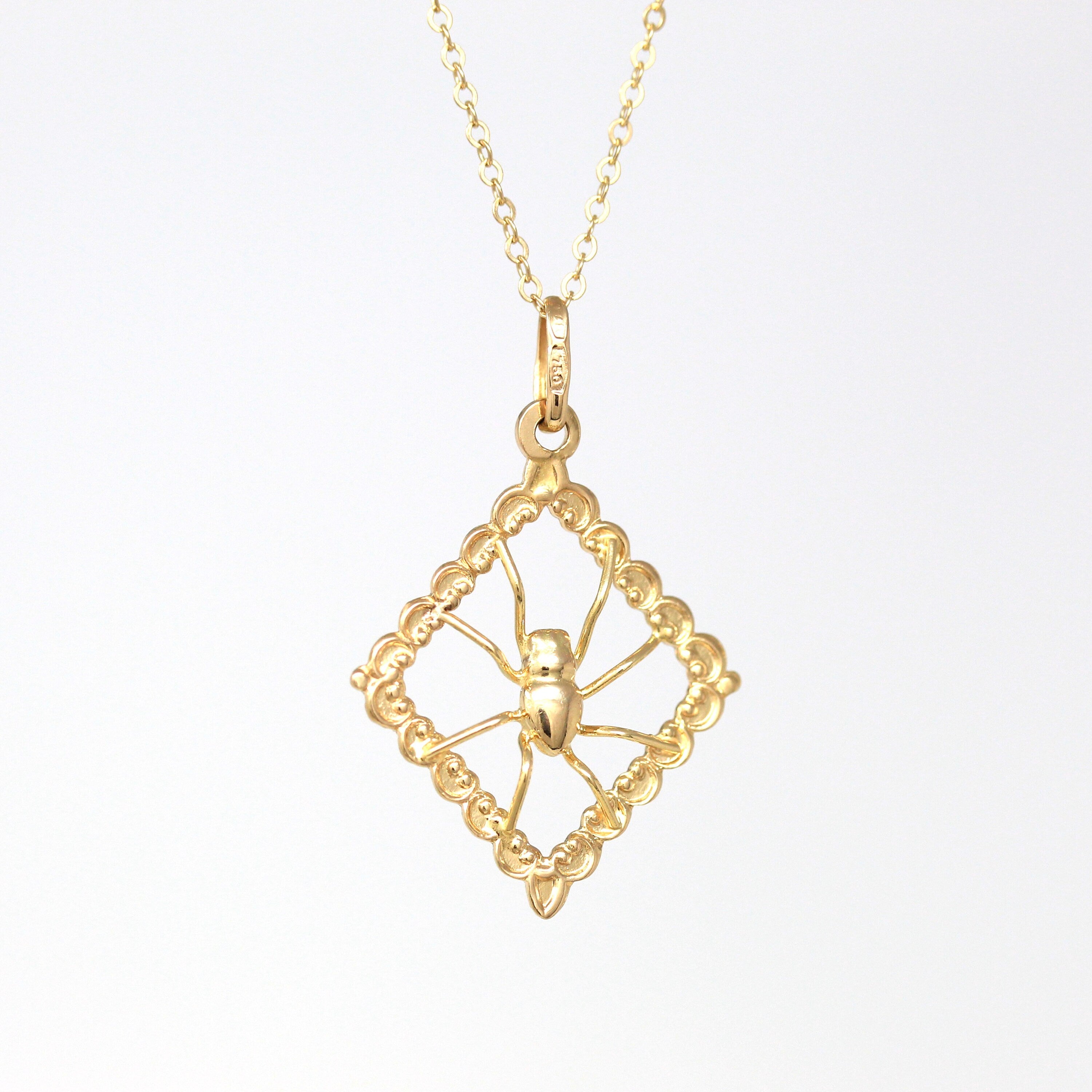 Spider Web Charm - Estate 18k Yellow Gold Figural Arachnid Necklace Pendant - Modern Circa 2000's Era Dainty Fine Charlotte's Web Jewelry