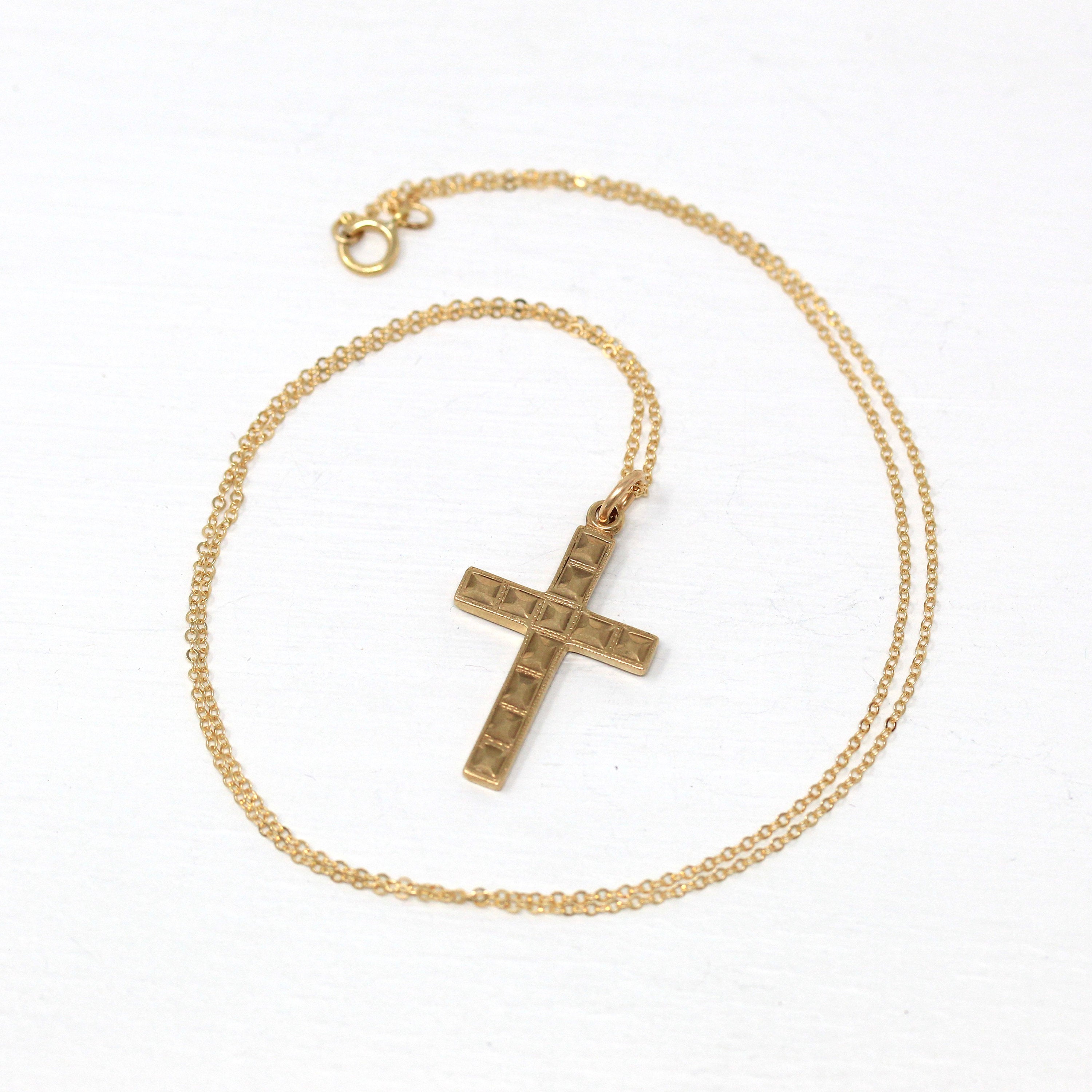 Sale - Vintage Cross Necklace - Retro 10k Yellow Gold Statement Crucifix Pendant Charm - Circa 1940s Era Religious Faith La Mode 40s Jewelry