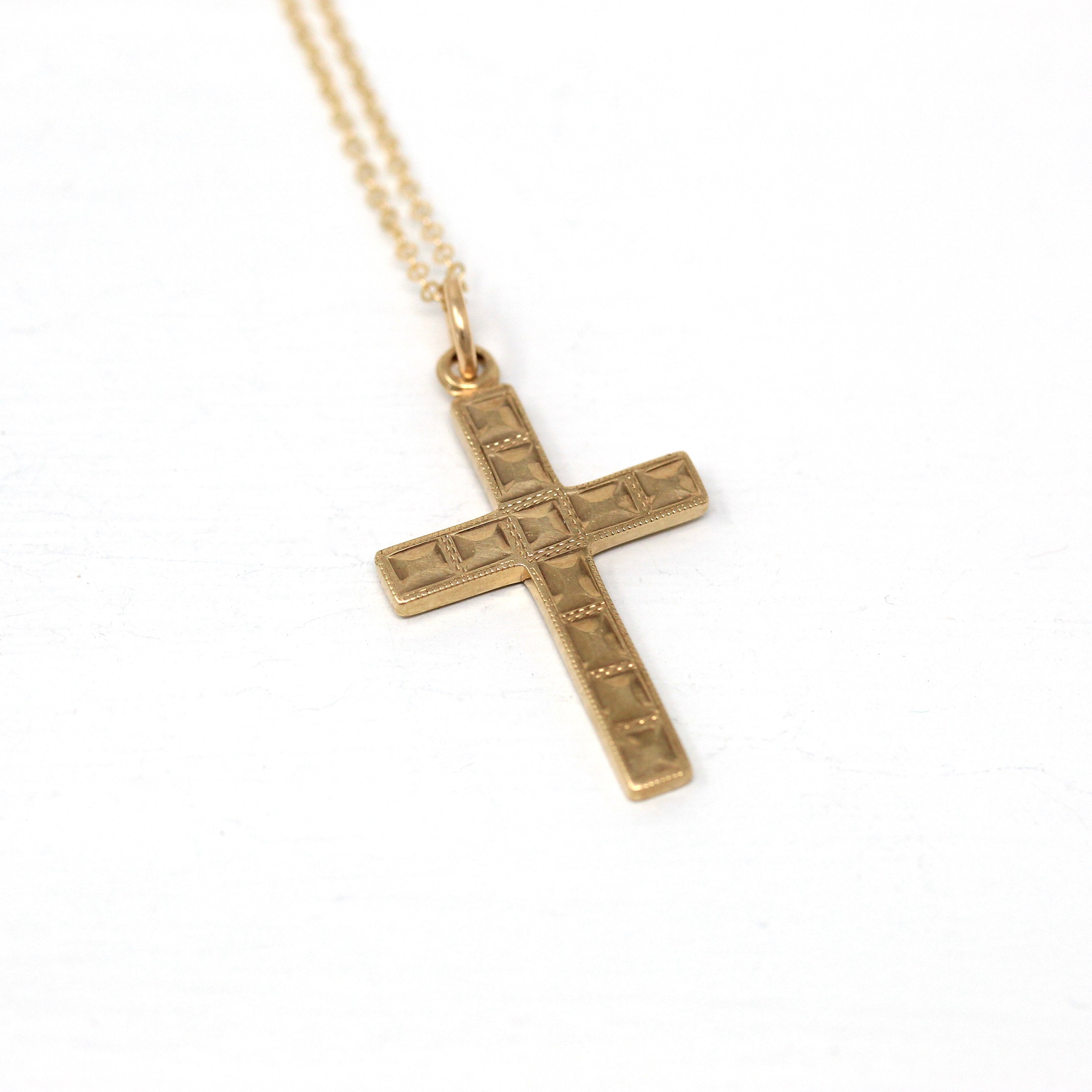 Sale - Vintage Cross Necklace - Retro 10k Yellow Gold Statement Crucifix Pendant Charm - Circa 1940s Era Religious Faith La Mode 40s Jewelry