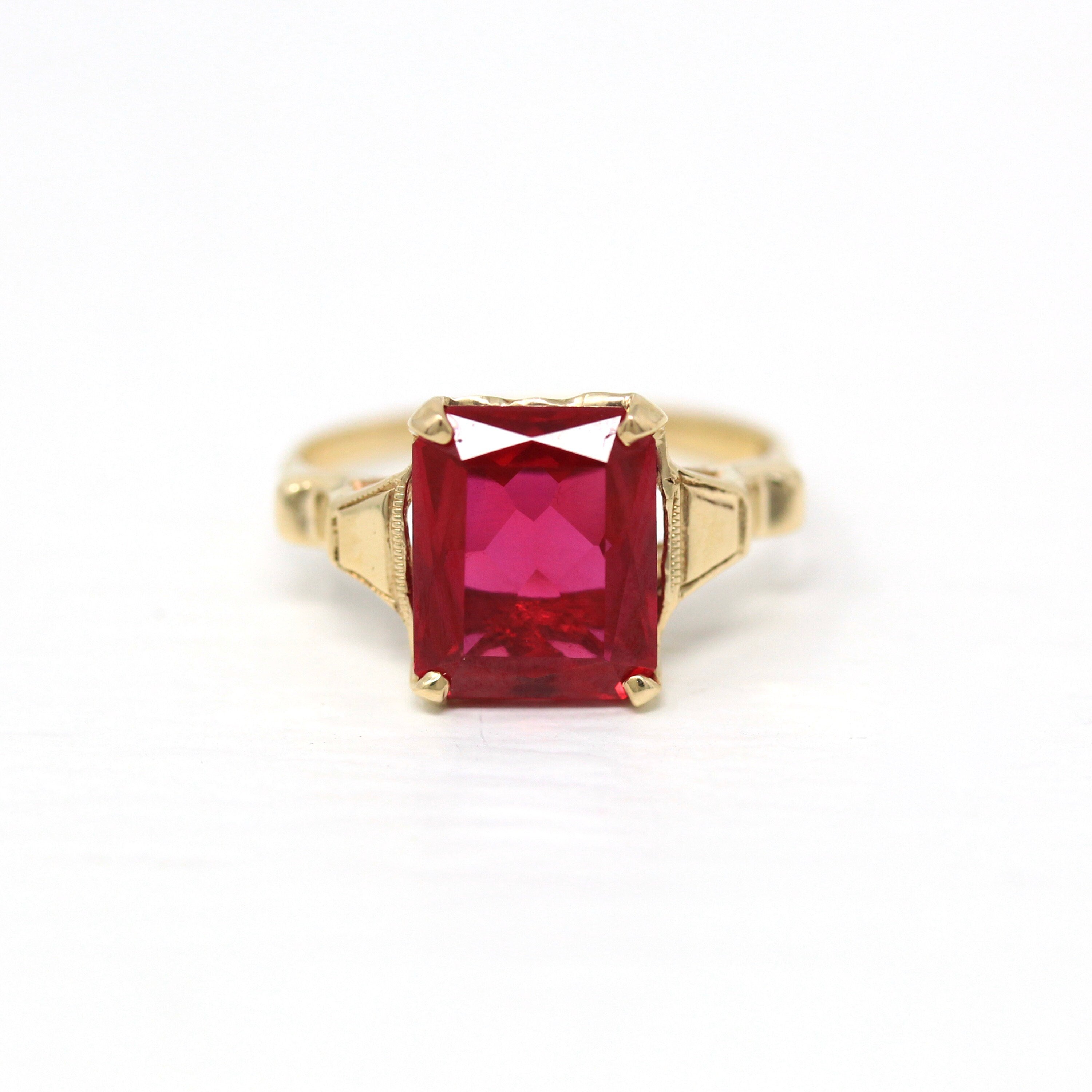 Created Ruby Ring - Vintage 10k Yellow Gold Red Faceted 3.22 CT Stone Solitaire Style - Retro Era Circa 1940s Size 5 Fine 40s Jewelry