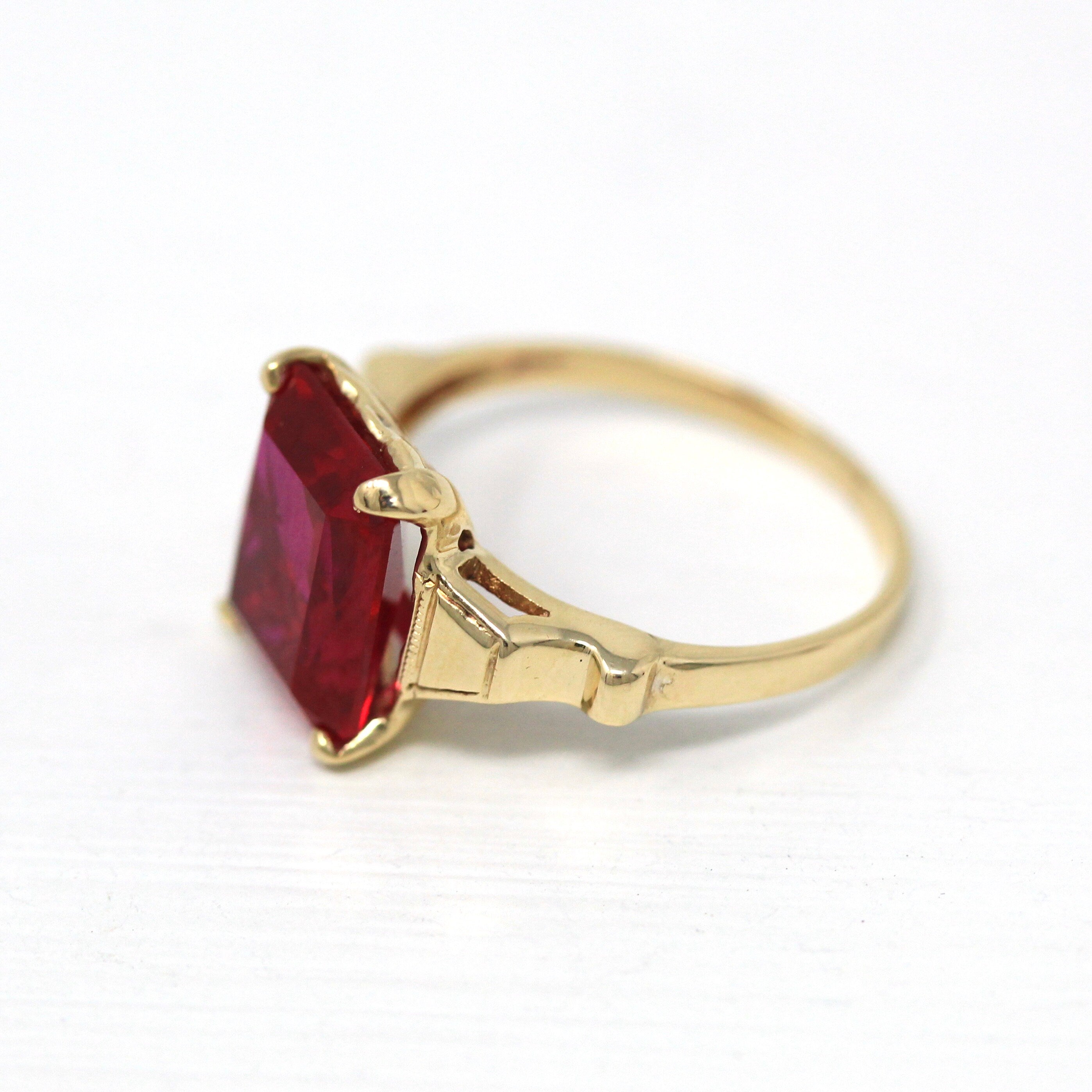 Created Ruby Ring - Vintage 10k Yellow Gold Red Faceted 3.22 CT Stone Solitaire Style - Retro Era Circa 1940s Size 5 Fine 40s Jewelry