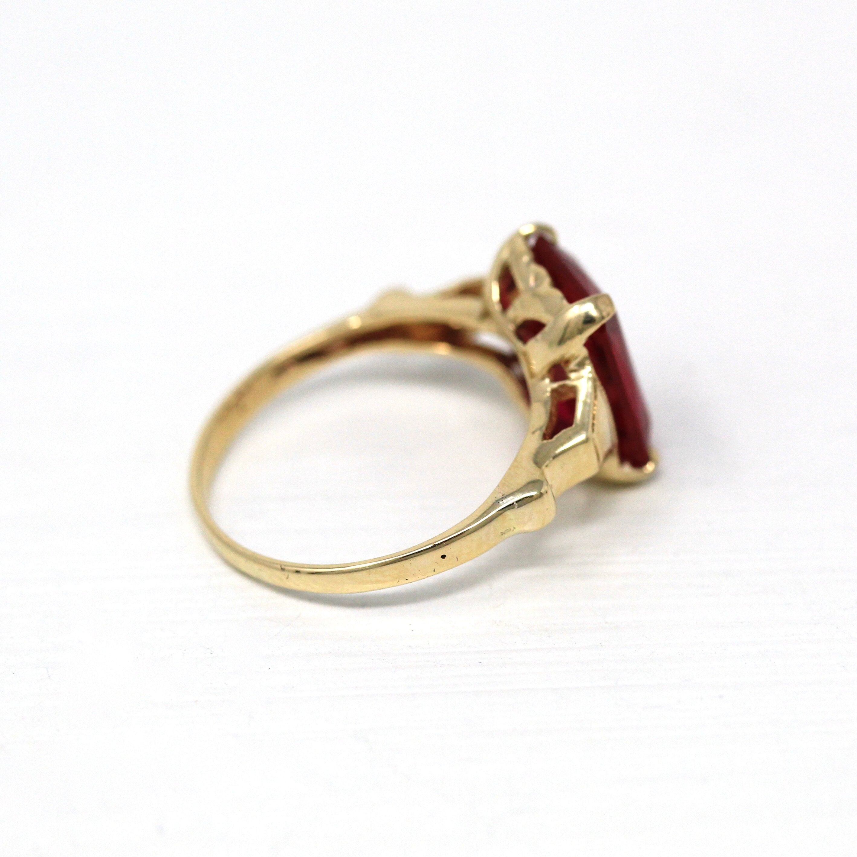 Created Ruby Ring - Vintage 10k Yellow Gold Red Faceted 3.22 CT Stone Solitaire Style - Retro Era Circa 1940s Size 5 Fine 40s Jewelry