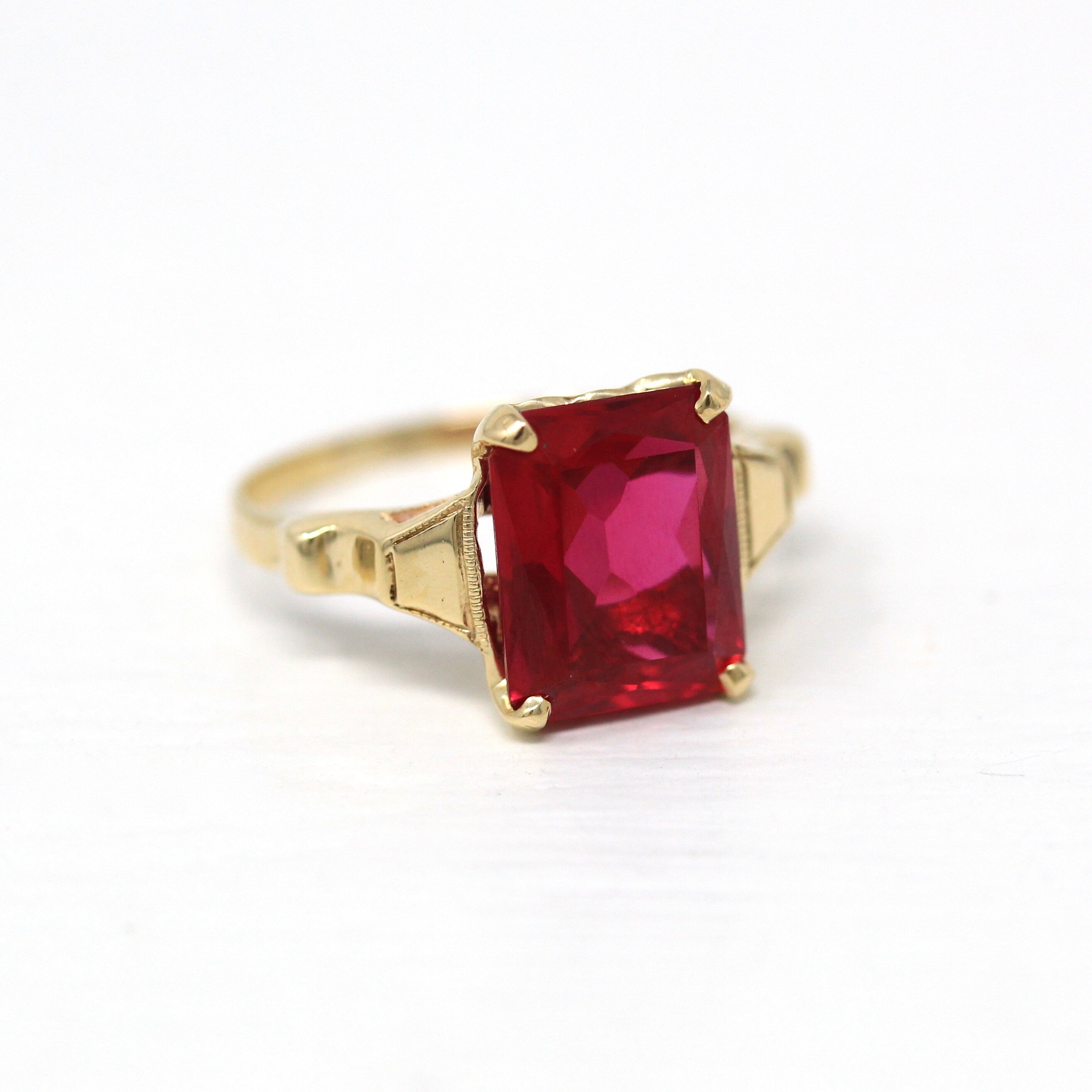 Created Ruby Ring - Vintage 10k Yellow Gold Red Faceted 3.22 CT Stone Solitaire Style - Retro Era Circa 1940s Size 5 Fine 40s Jewelry