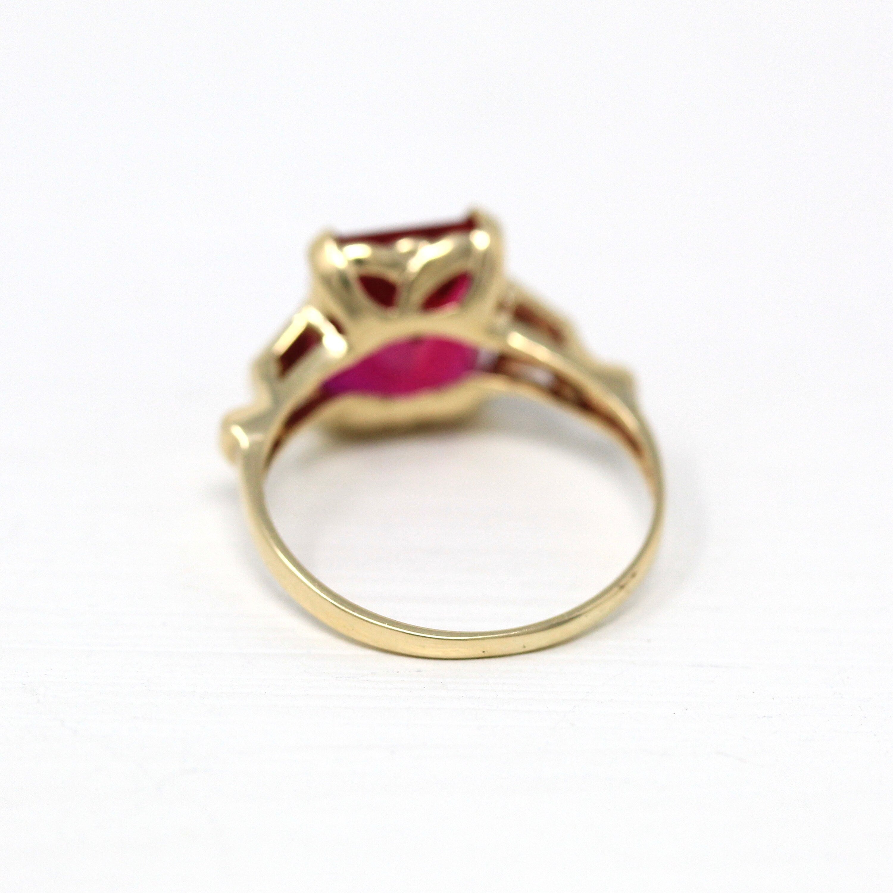 Created Ruby Ring - Vintage 10k Yellow Gold Red Faceted 3.22 CT Stone Solitaire Style - Retro Era Circa 1940s Size 5 Fine 40s Jewelry