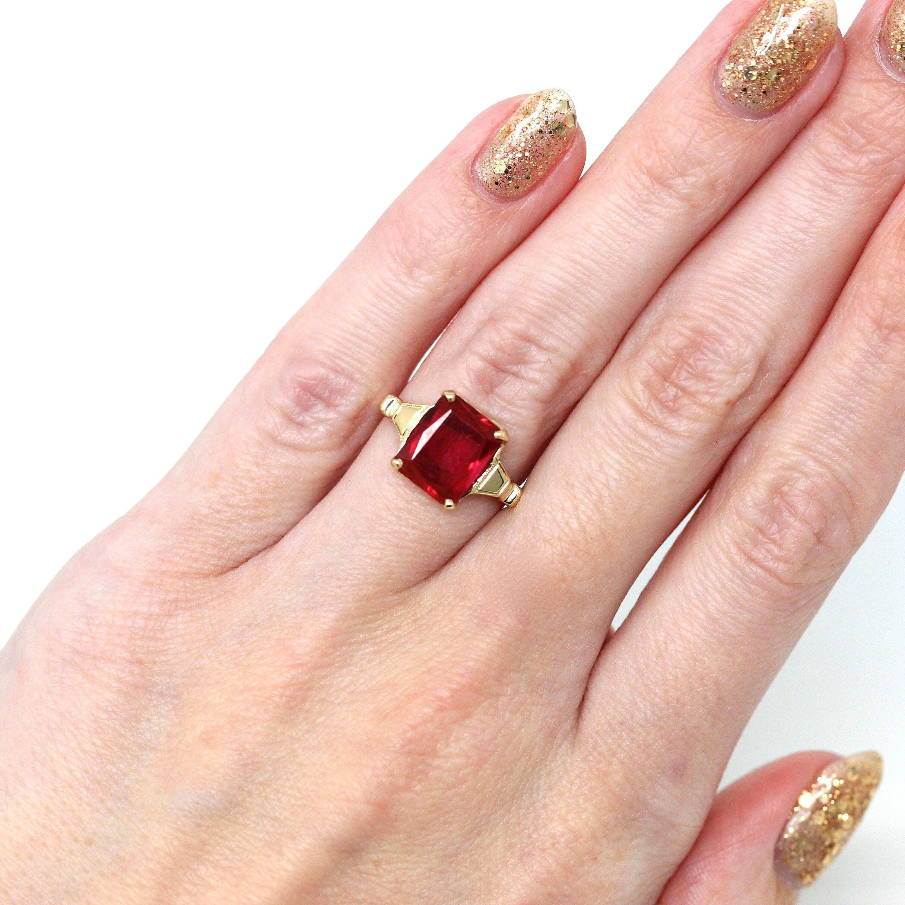 Created Ruby Ring - Vintage 10k Yellow Gold Red Faceted 3.22 CT Stone Solitaire Style - Retro Era Circa 1940s Size 5 Fine 40s Jewelry