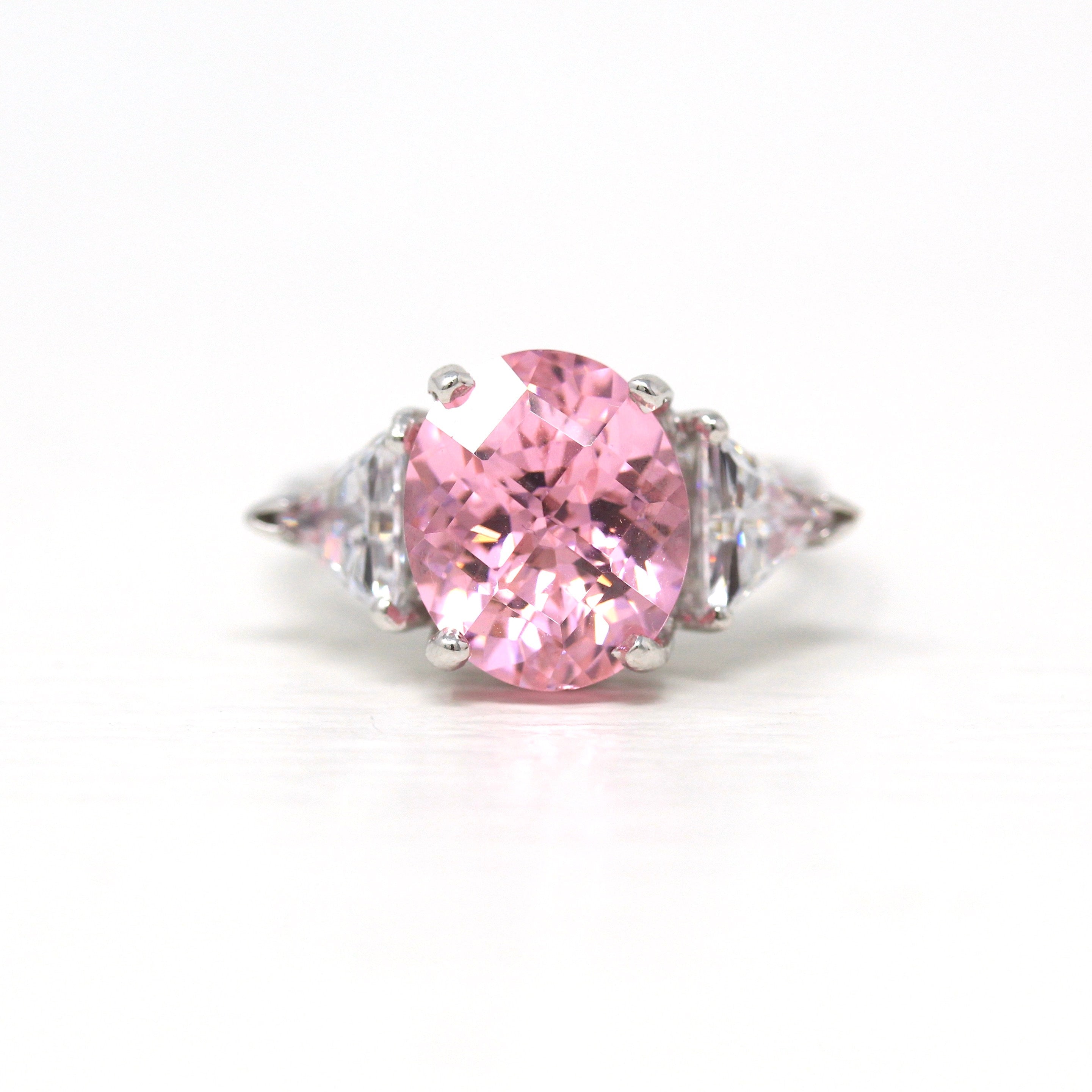 Pink CZ Ring - Estate 14k White Gold Cubic Zirconia Fancy Cut Stones - Modern Circa 2000s Era Size 7 1/4 Statement 10.70 CT Fine Y2K Jewelry