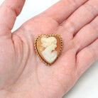 Sale - Vintage Cameo Brooch - Retro 10k Yellow Gold Carved Shell Heart Shaped Pin - Circa 1940s Era Statement Fashion Accessory Fine Jewelry