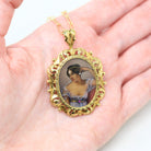 Sale - Miniature Portrait Pendant - Vintage 18k Yellow Gold Hand Painted Brooch Statement Necklace - 1960s Italian Antique Revival Jewelry