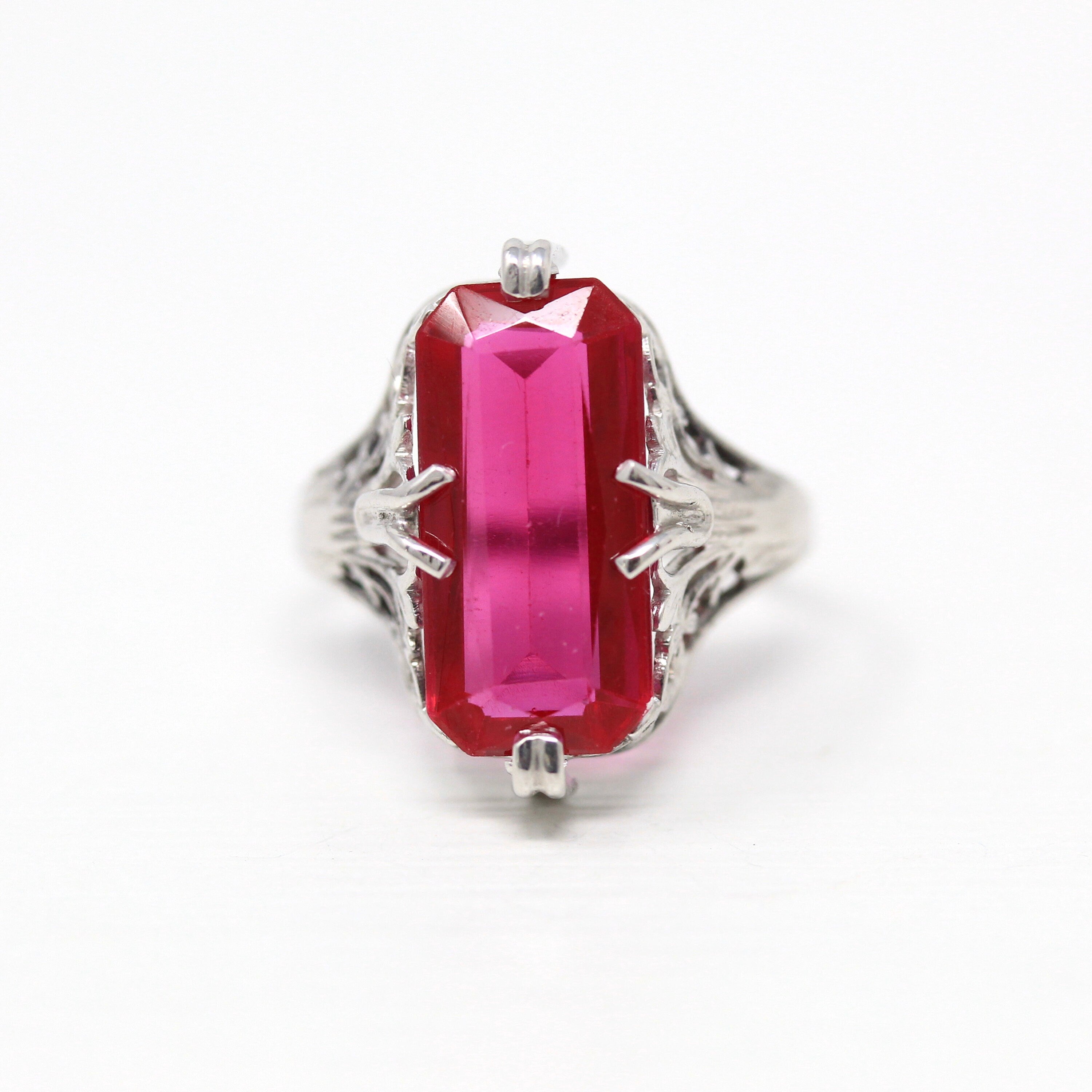 Sale - Created Ruby Ring - Art Deco 14k White Gold Rectangular 4.37 CT Red Stone - Vintage Circa 1930s Size 4 July Birthstone Fine Jewelry