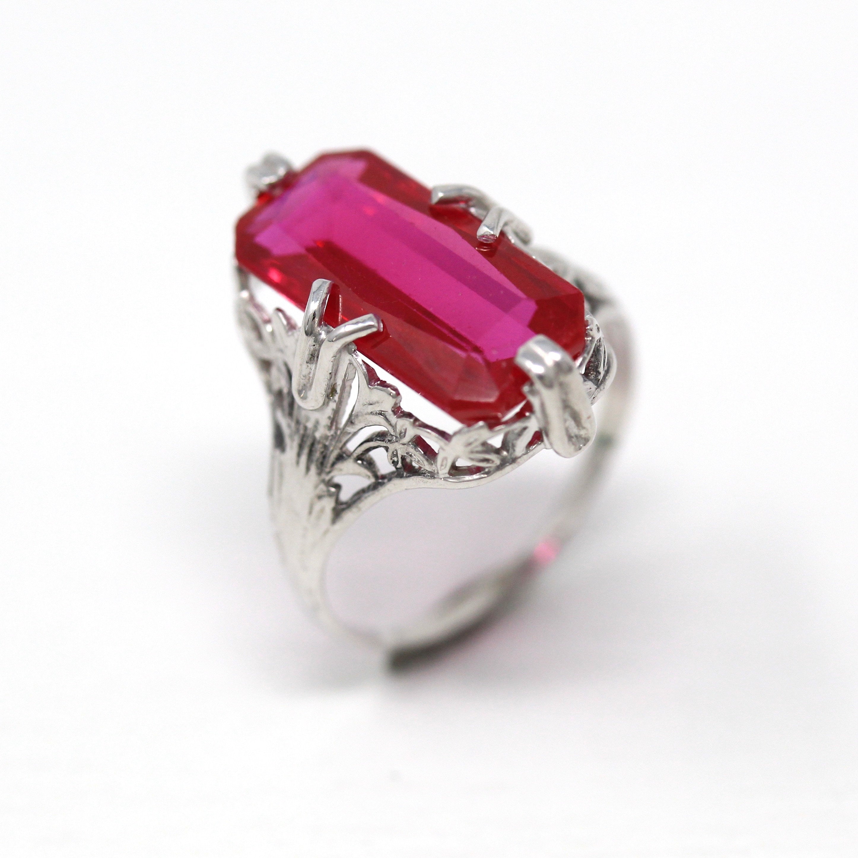 Sale - Created Ruby Ring - Art Deco 14k White Gold Rectangular 4.37 CT Red Stone - Vintage Circa 1930s Size 4 July Birthstone Fine Jewelry