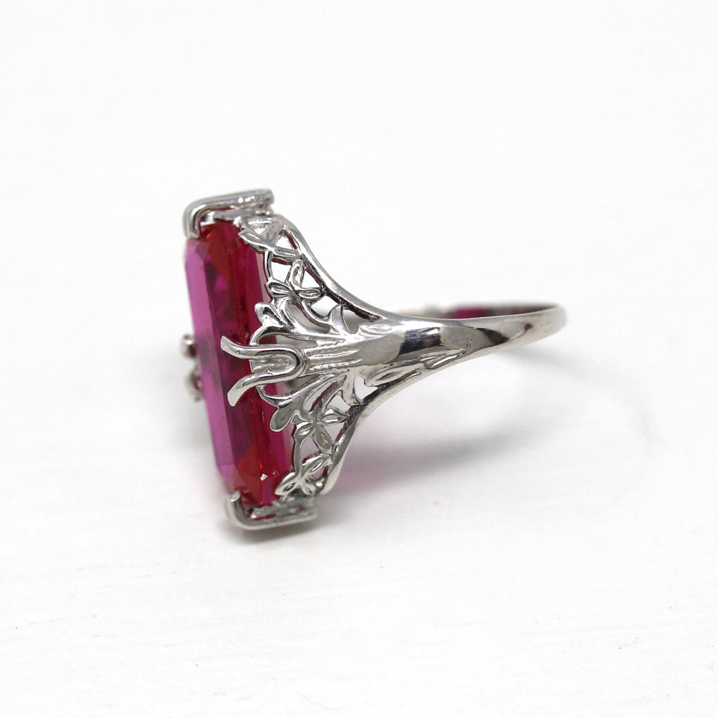 Created Ruby Ring - Art Deco 14k White Gold Rectangular Faceted 4.37 CT Red Stone - Vintage Circa 1930s Size 4 July Birthstone Fine Jewelry