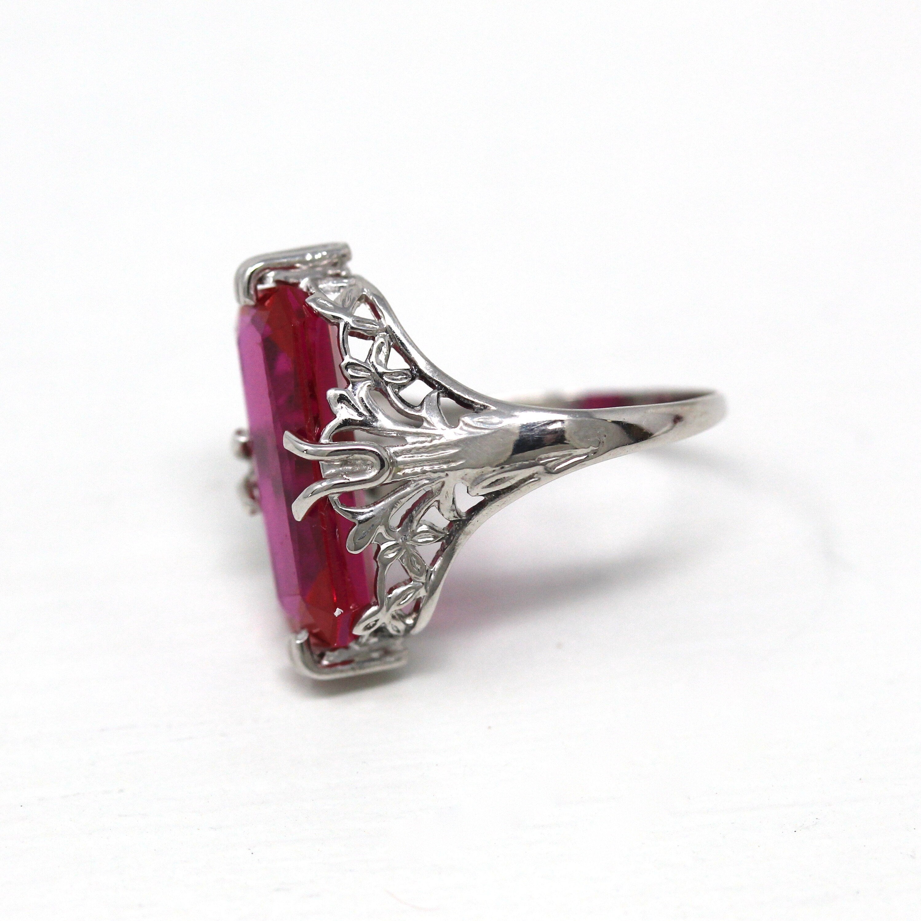 Sale - Created Ruby Ring - Art Deco 14k White Gold Rectangular 4.37 CT Red Stone - Vintage Circa 1930s Size 4 July Birthstone Fine Jewelry