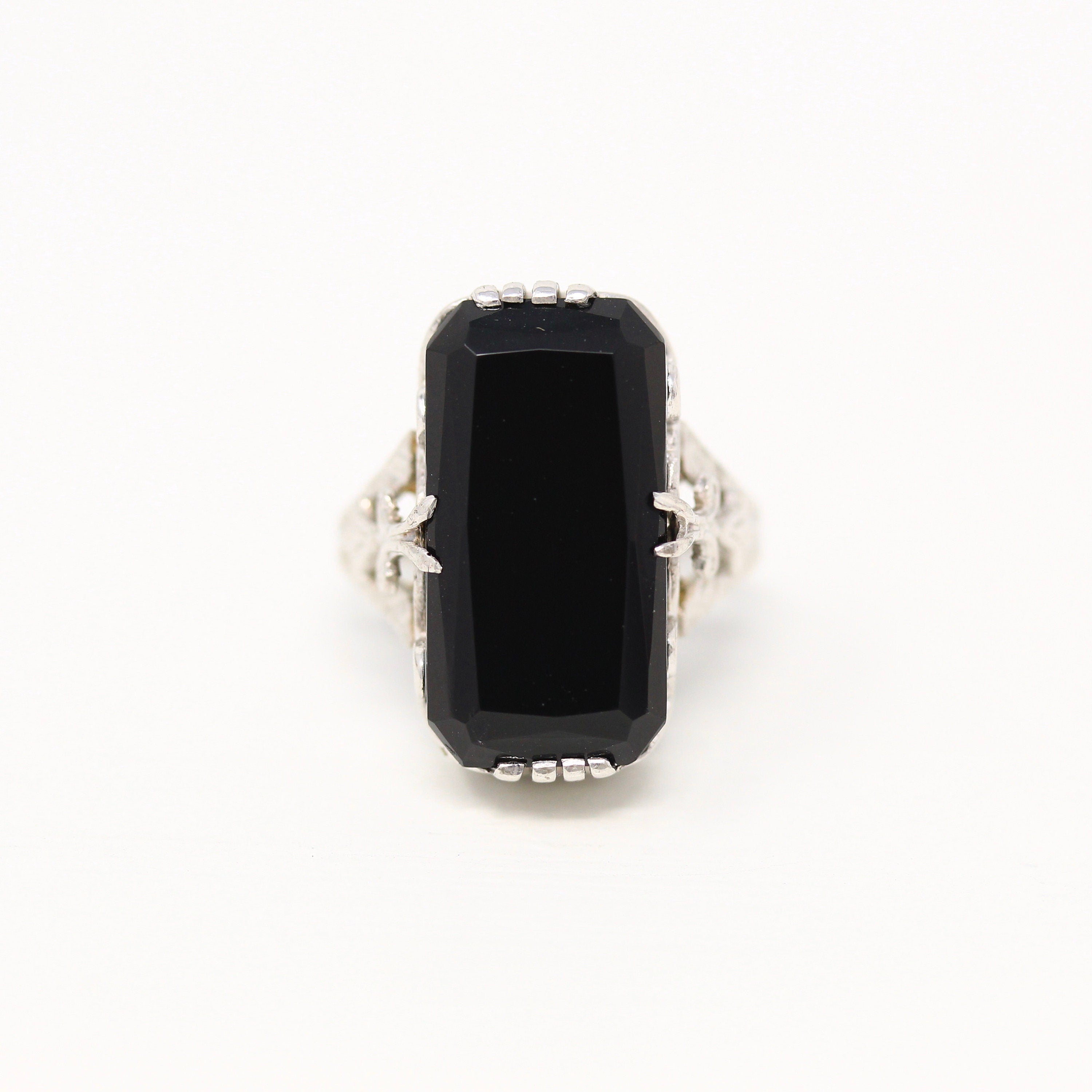 Sale - Vintage Onyx Ring - Art Deco 10k White Gold Genuine Black Gemstone Statement - 1930s Era Size 3 Rectangular Gem Fine Filigree Jewelry