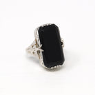 Sale - Vintage Onyx Ring - Art Deco 10k White Gold Genuine Black Gemstone Statement - 1930s Era Size 3 Rectangular Gem Fine Filigree Jewelry