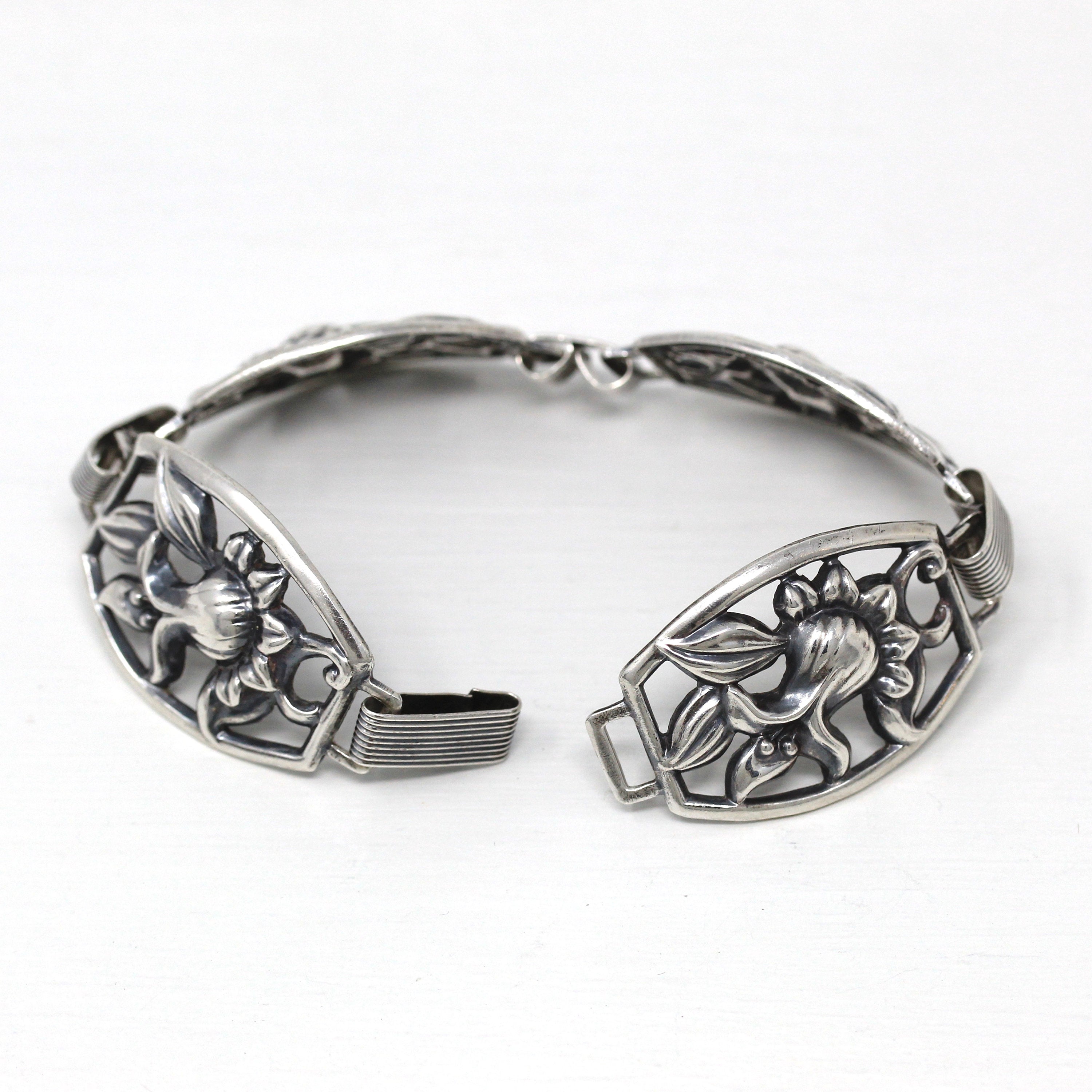 Vintage Flower Bracelet - Retro Sterling Silver Floral Nature Inspired Statement - Circa 1960s Era Accessory Designer Danecraft 60s Jewelry