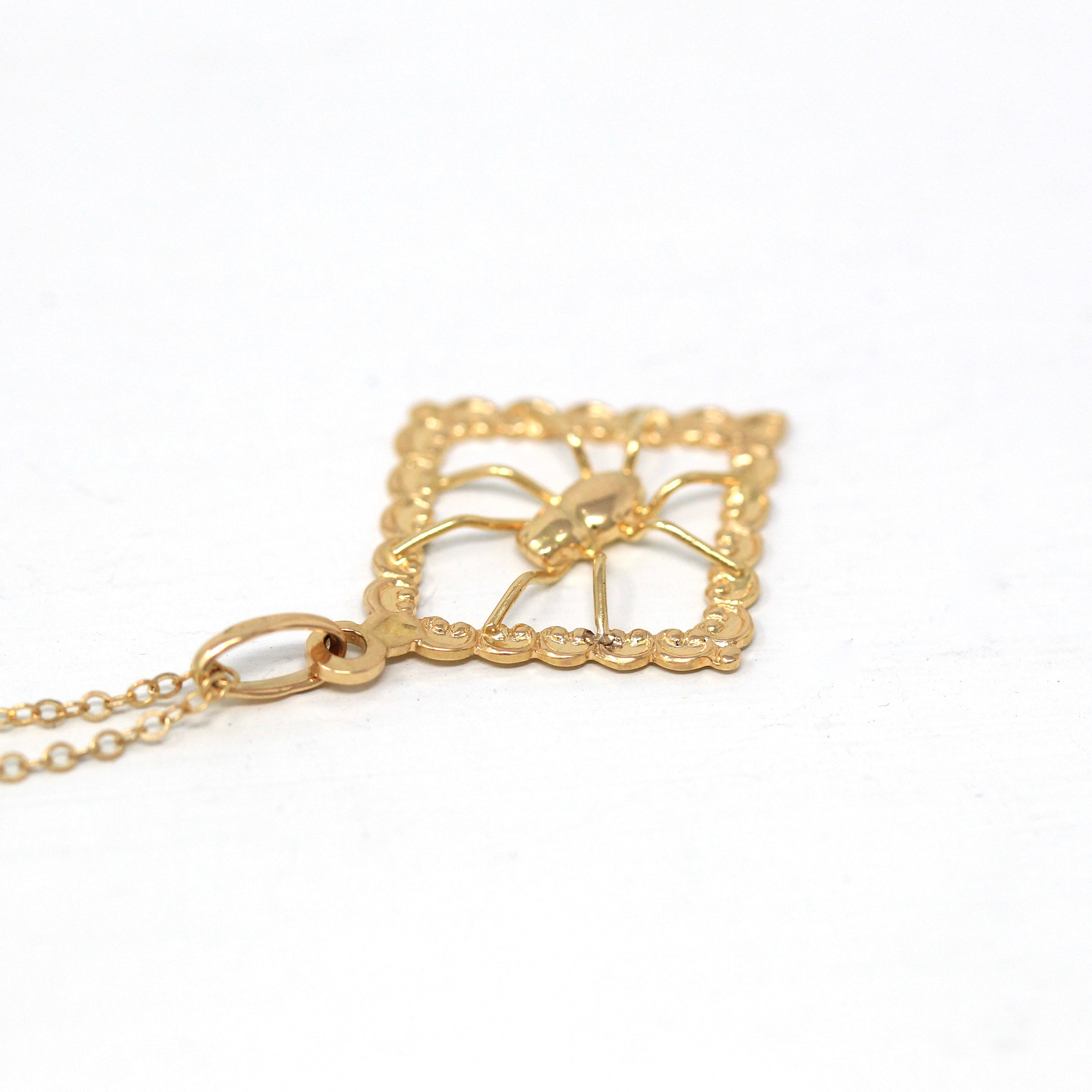 Spider Web Charm - Estate 18k Yellow Gold Figural Arachnid Necklace Pendant - Modern Circa 2000's Era Dainty Fine Charlotte's Web Jewelry