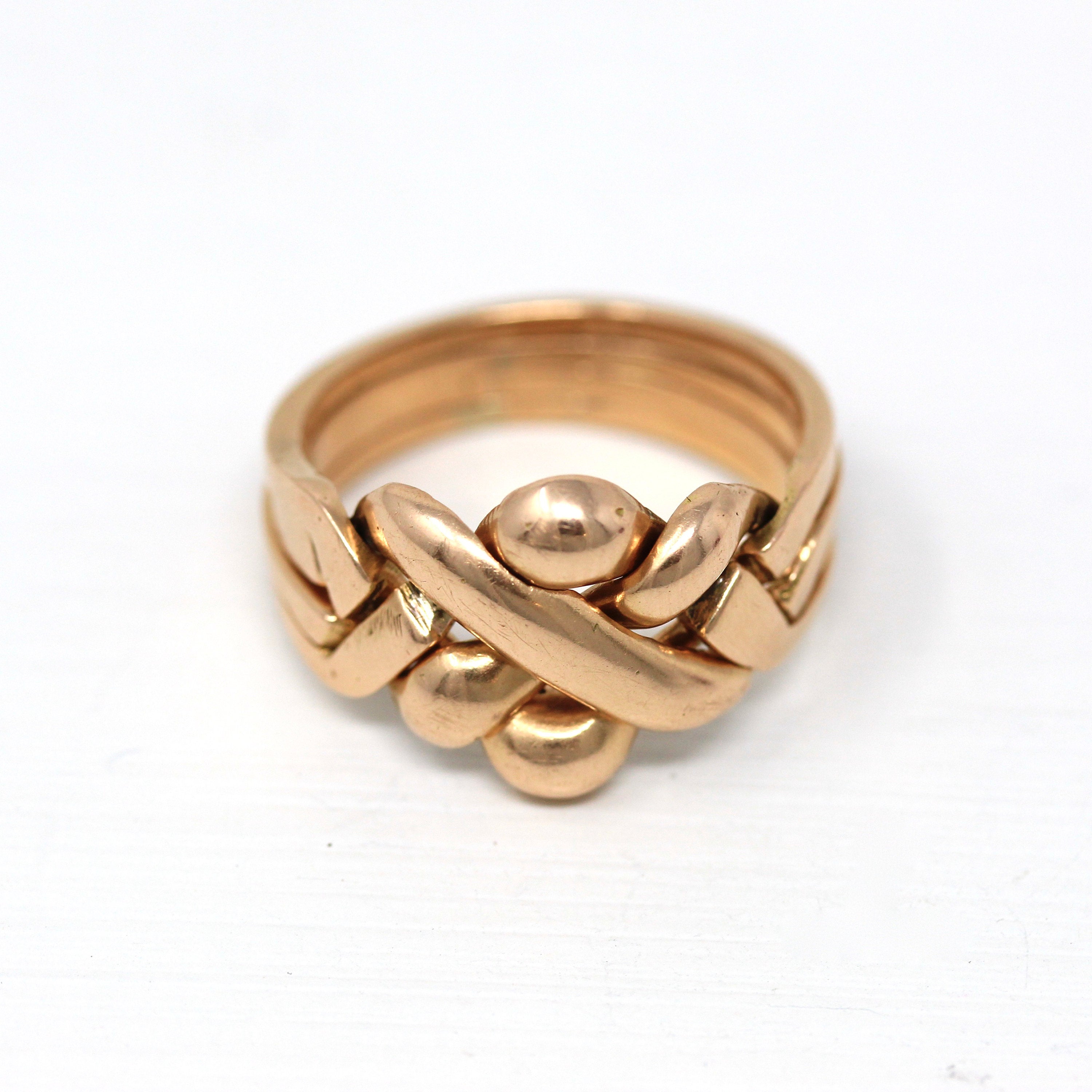 Vintage Puzzle Ring - Retro 14k Yellow Gold Four Interlocking Statement Band - Circa 1970s Era Size 11 1/4 Infinity Woven Knot Fine Jewelry