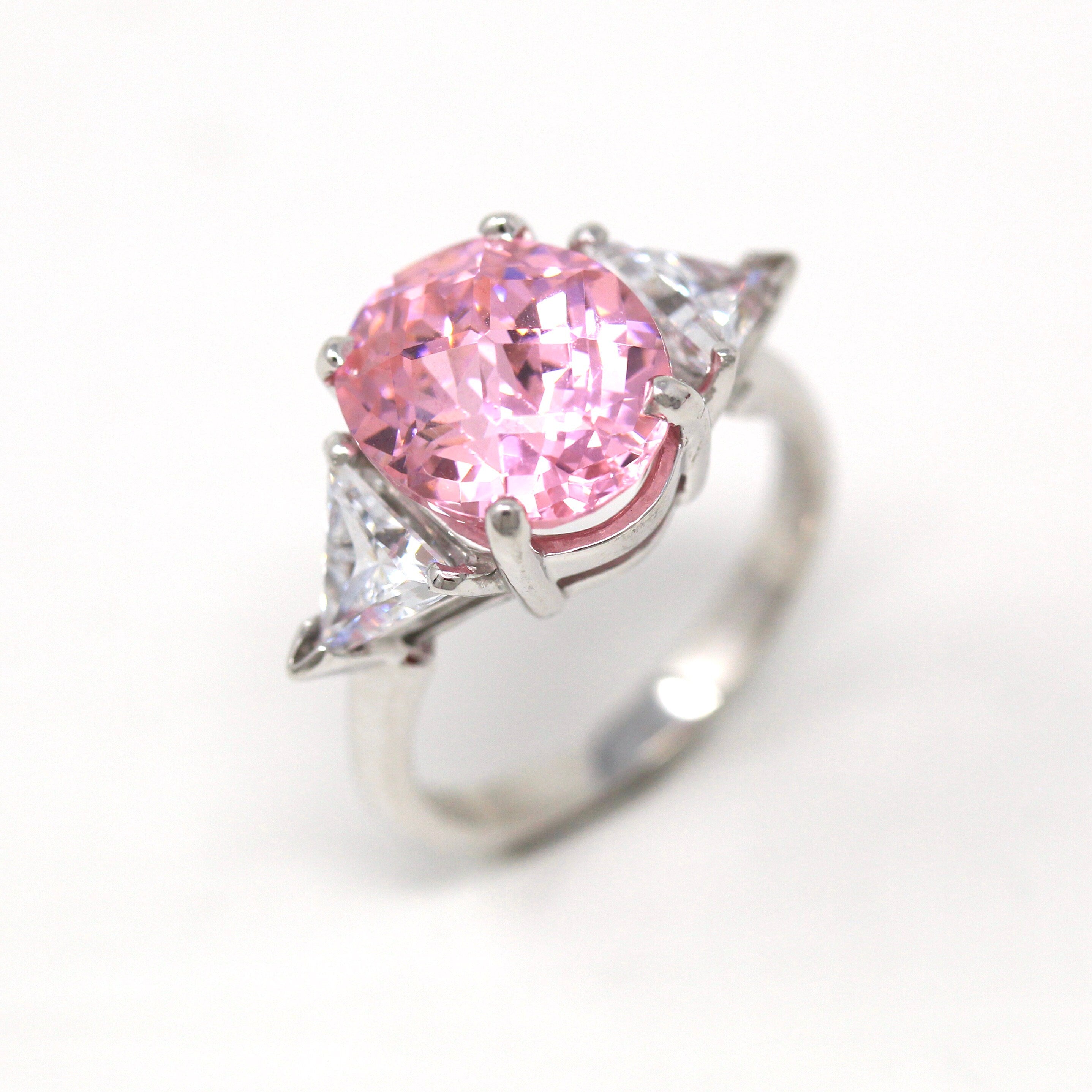 Pink CZ Ring - Estate 14k White Gold Cubic Zirconia Fancy Cut Stones - Modern Circa 2000s Era Size 7 1/4 Statement 10.70 CT Fine Y2K Jewelry