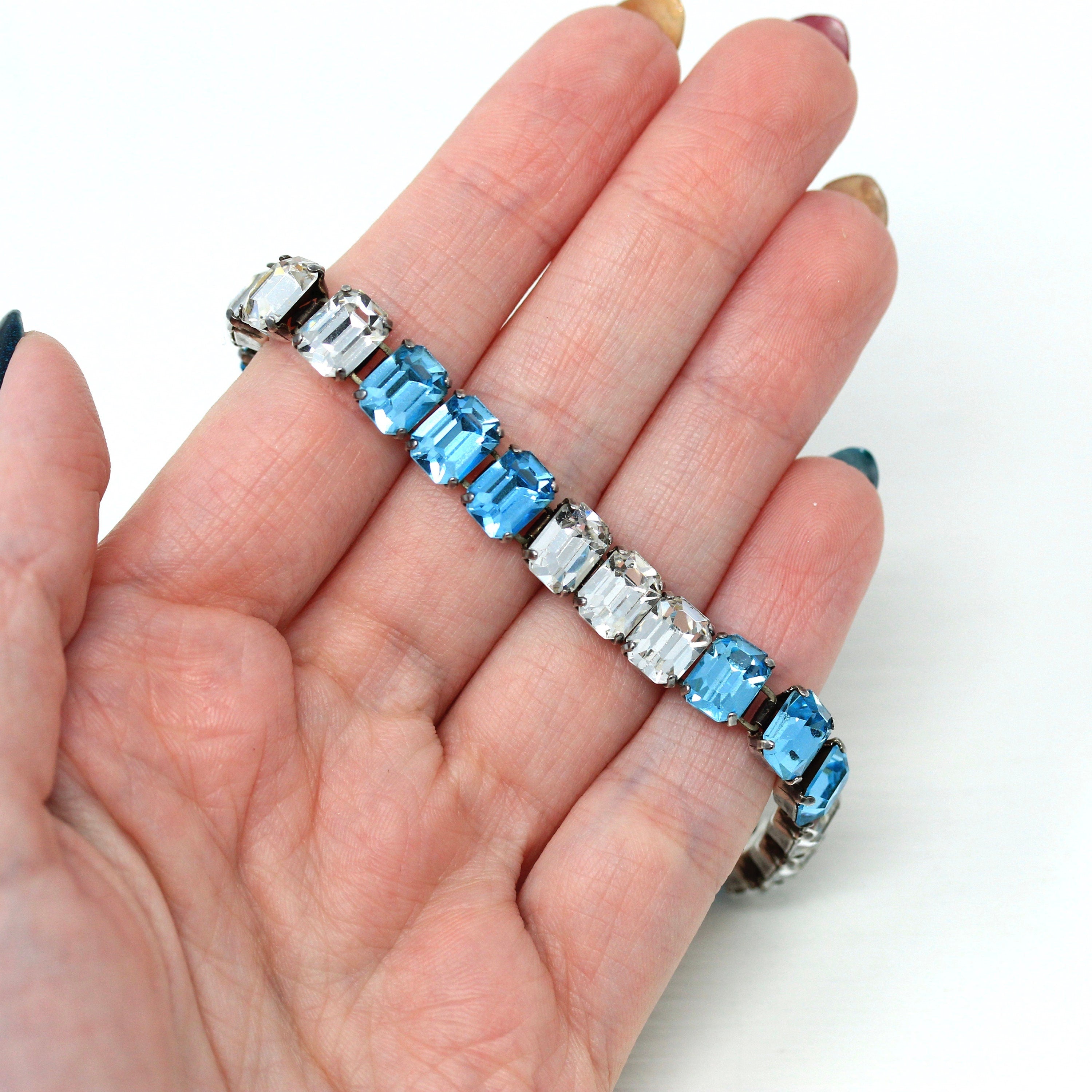 Sale - Art Deco Bracelet - Vintage Sterling Silver Blue & White Glass Rhinestones Line - Circa 1930s Era Statement Fashion Accessory Jewelry