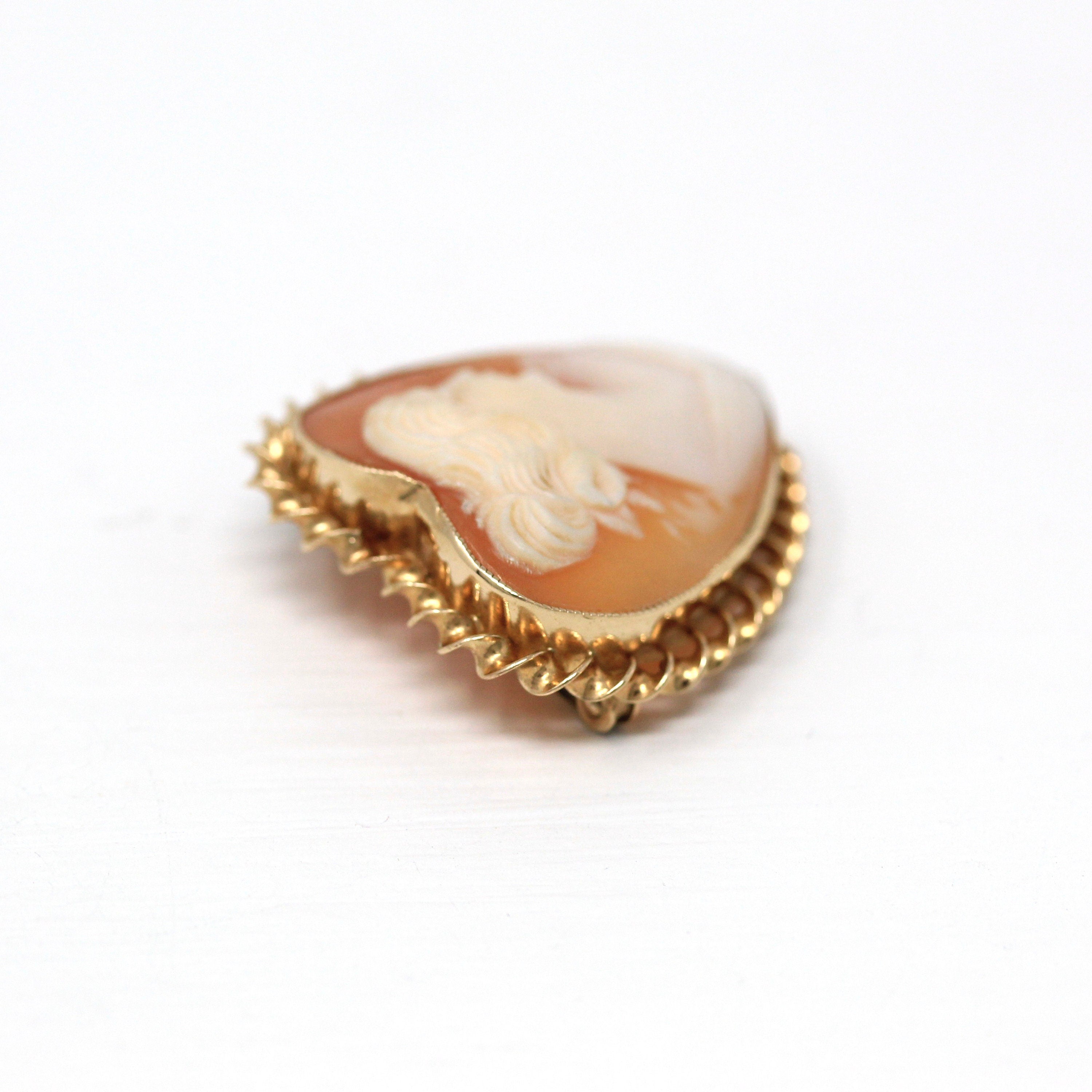 Vintage Cameo Brooch - Retro 10k Yellow Gold Carved Shell Heart Shaped Pin - Circa 1940s Era Statement Fashion Accessory Fine 40s Jewelry