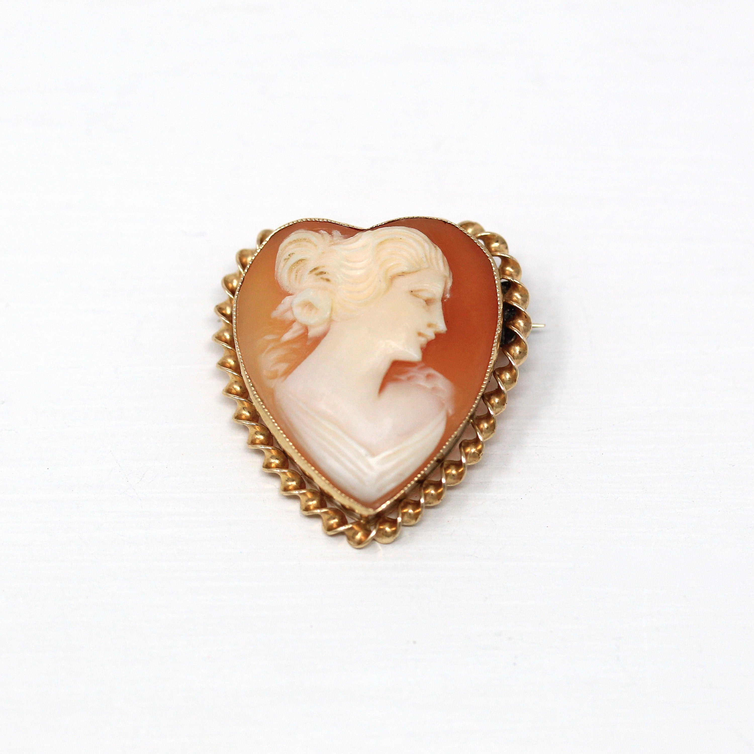 Vintage Cameo Brooch - Retro 10k Yellow Gold Carved Shell Heart Shaped Pin - Circa 1940s Era Statement Fashion Accessory Fine 40s Jewelry