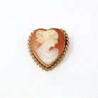 Sale - Vintage Cameo Brooch - Retro 10k Yellow Gold Carved Shell Heart Shaped Pin - Circa 1940s Era Statement Fashion Accessory Fine Jewelry