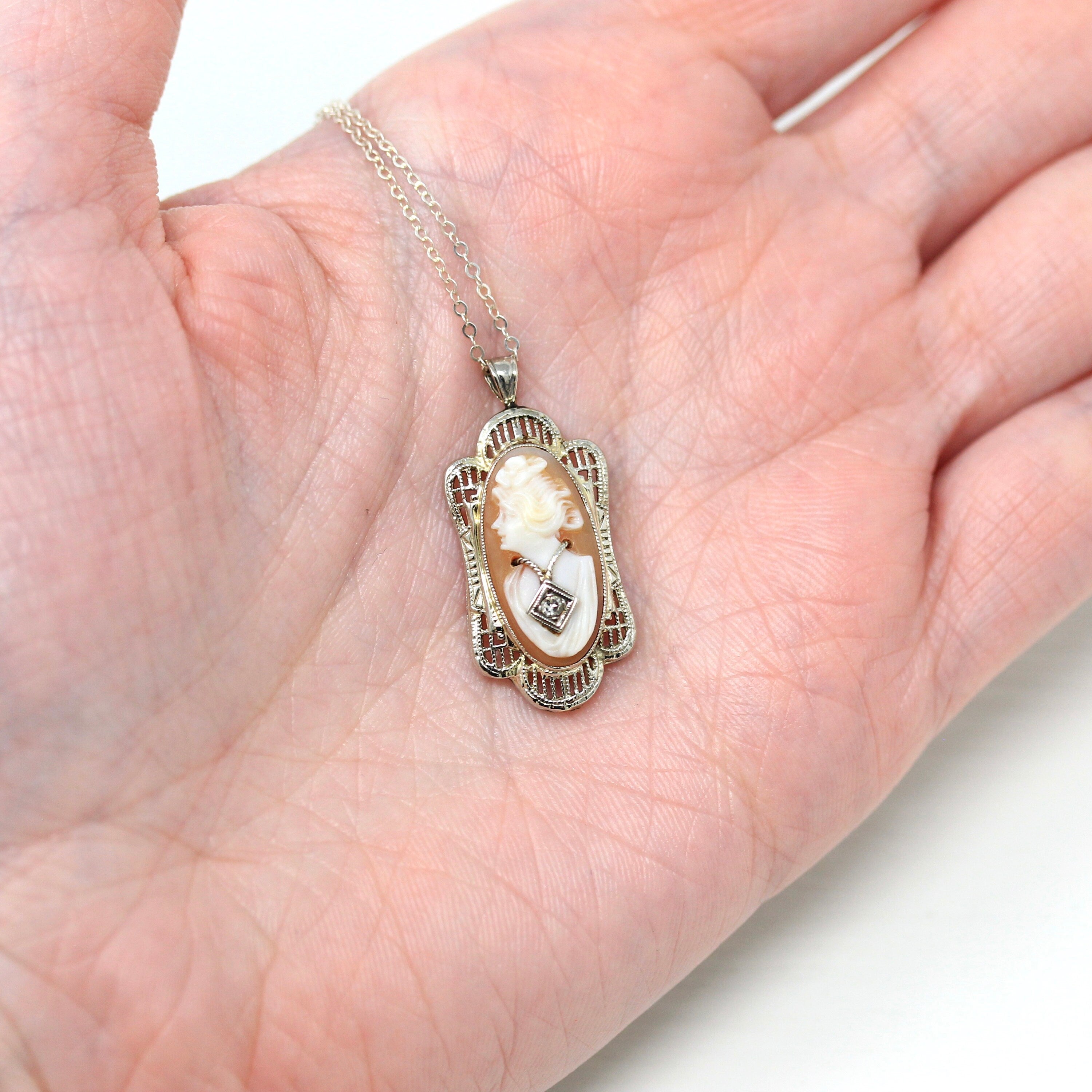 Vintage Cameo Necklace - Art Deco 14k White Gold Carved Shell Pendant Charm - Circa 1930s Era Filigree Habillé Style Diamond Fine Jewelry