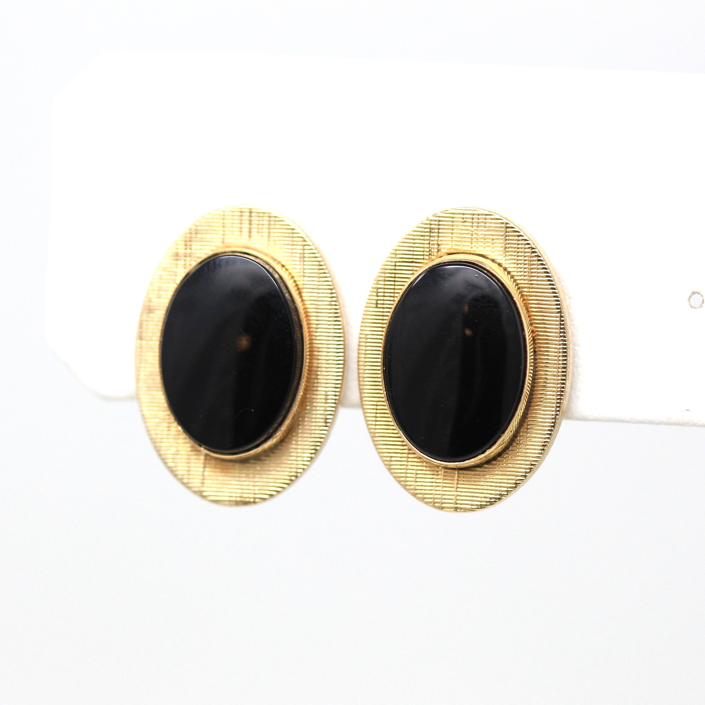 Vintage Onyx Earrings - Retro 12k Gold Filled Oval Genuine Black Gemstones Screw Back - Circa 1940s Era Fashion Accessories Van Dell Jewelry