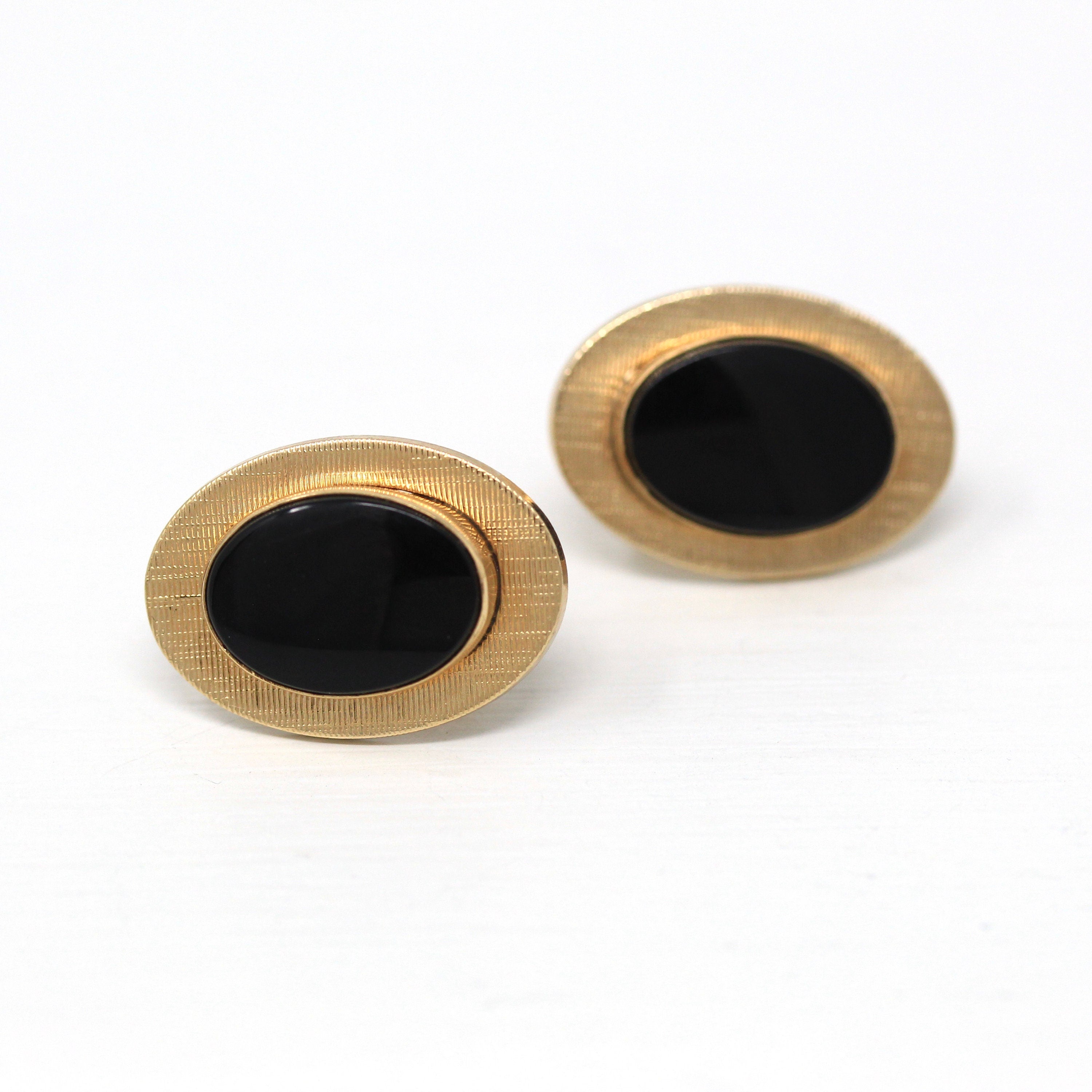 Vintage Onyx Earrings - Retro 12k Gold Filled Oval Genuine Black Gemstones Screw Back - Circa 1940s Era Fashion Accessories Van Dell Jewelry