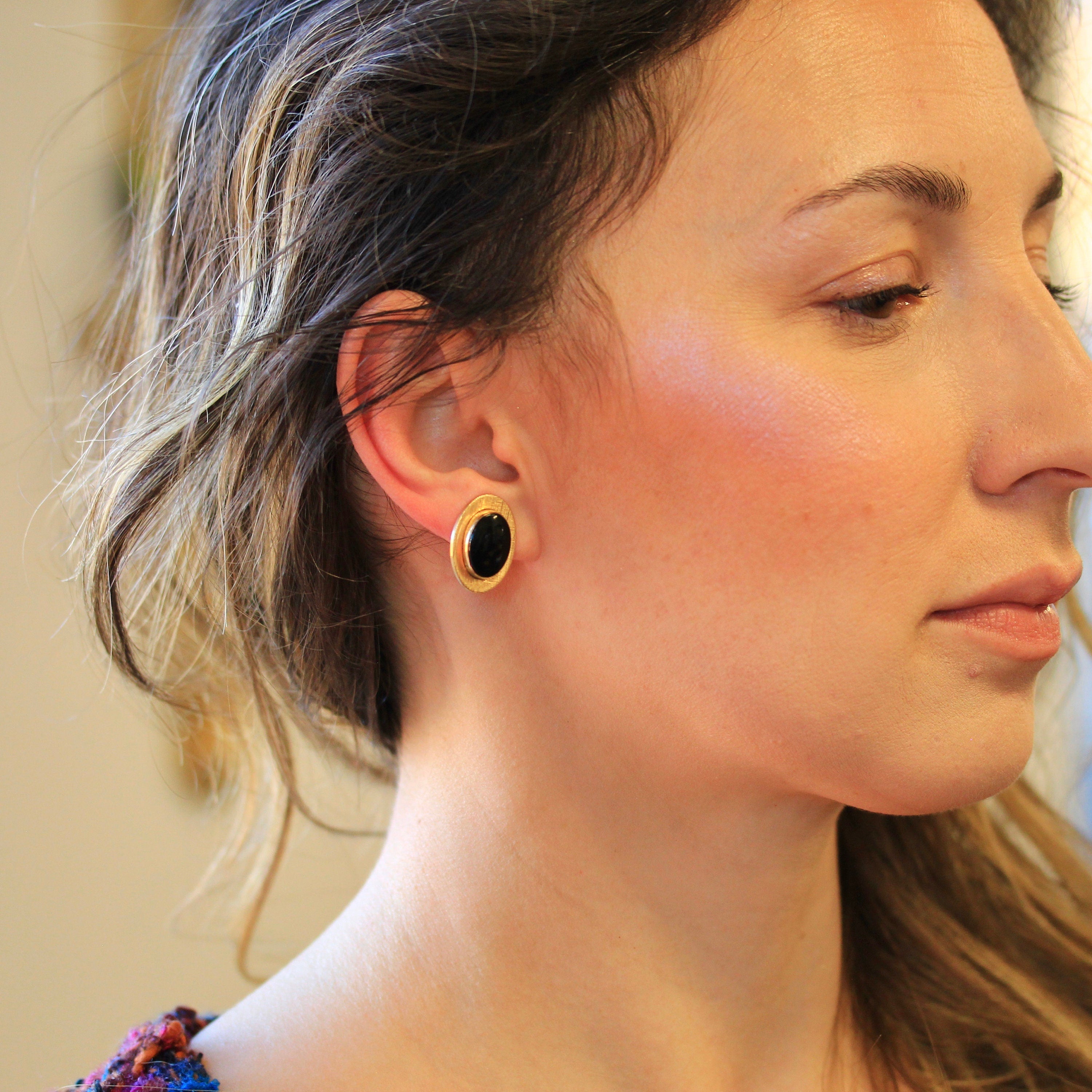 Sale Vintage Onyx Earrings Retro 12k Gold Filled Genuine Black Gem MJV