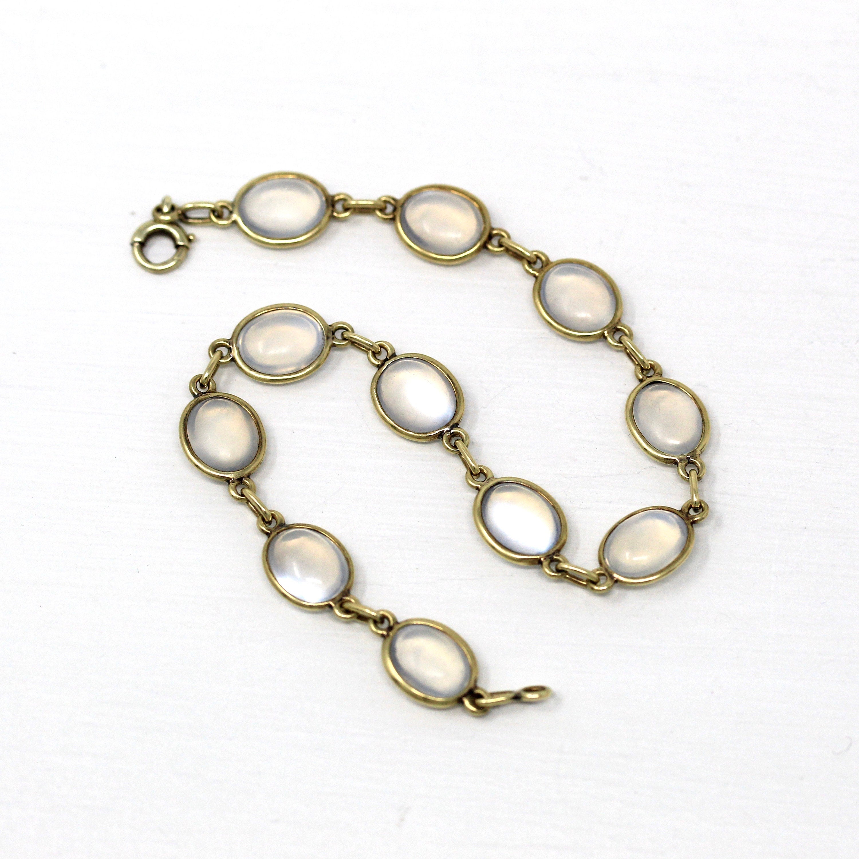 Genuine Moonstone Bracelet - Retro 14k Yellow Gold Cabochon Cut 14.90 CTW Gemstones - Vintage Circa 1940s Era Statement 40s Fine Jewelry