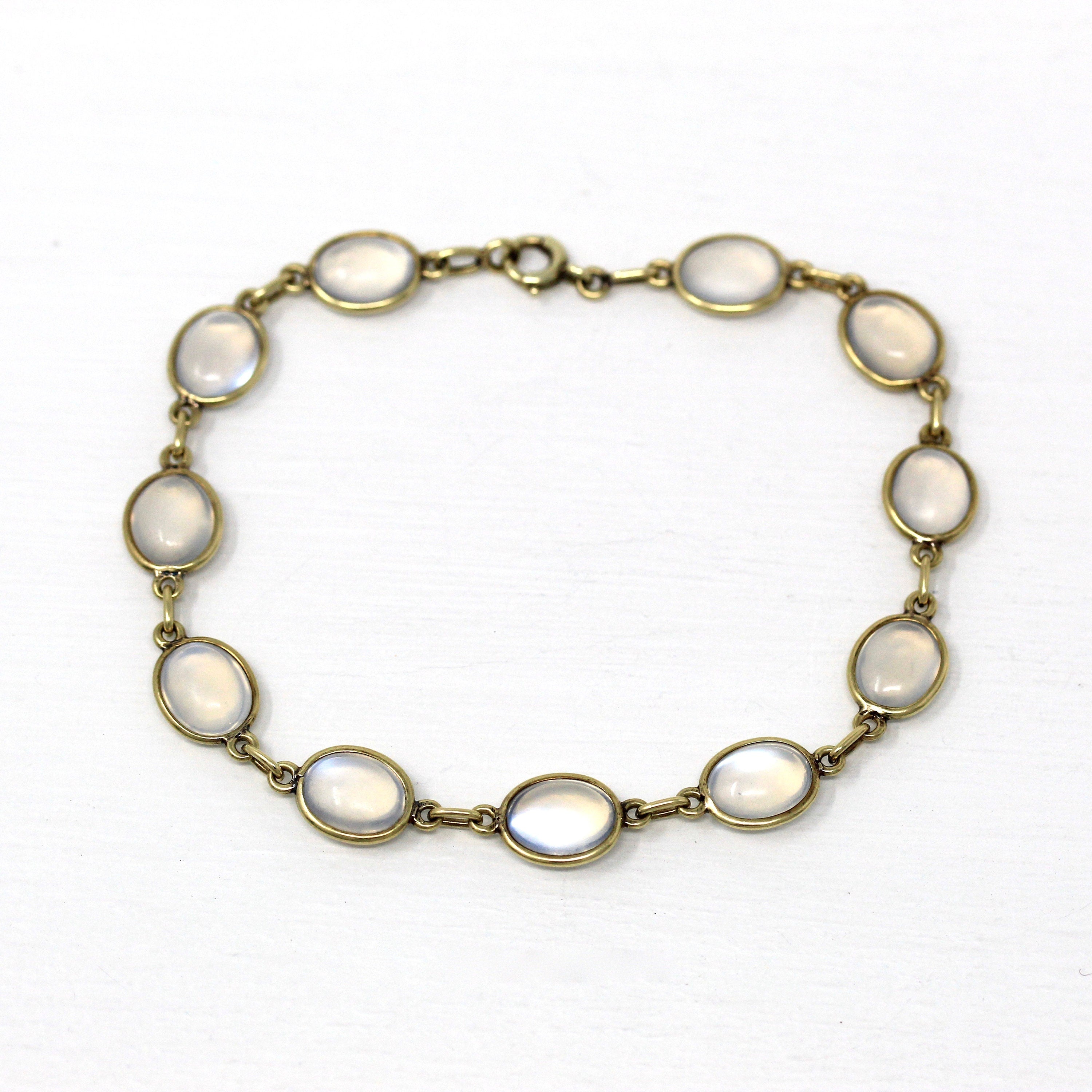 Genuine Moonstone Bracelet - Retro 14k Yellow Gold Cabochon Cut 14.90 CTW Gemstones - Vintage Circa 1940s Era Statement 40s Fine Jewelry