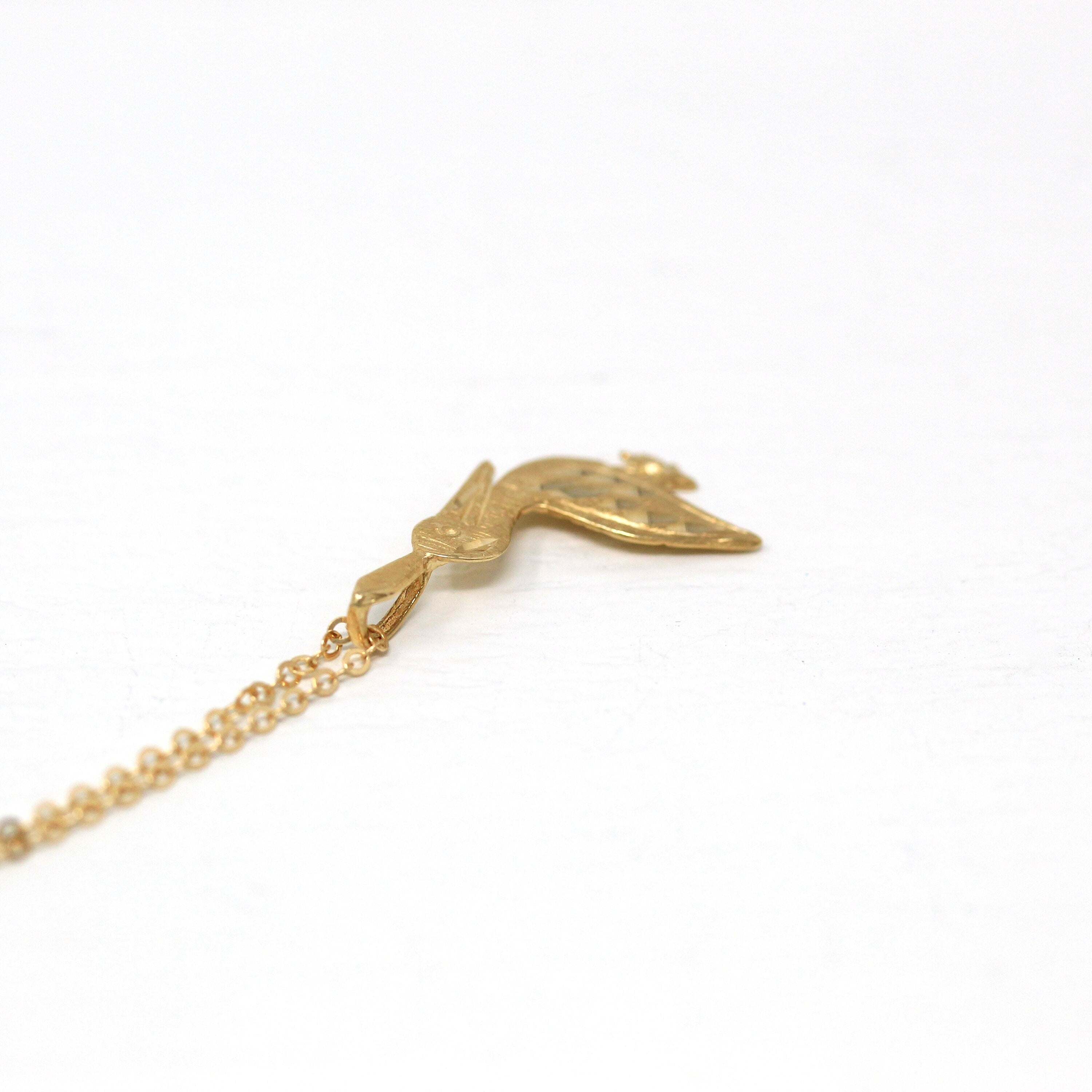 Modern Pelican Charm - Estate 14k Yellow Gold Figural Diamond Cut Water Bird Pendant Necklace - Circa 2000s Era Michael Anthony Fine Jewelry