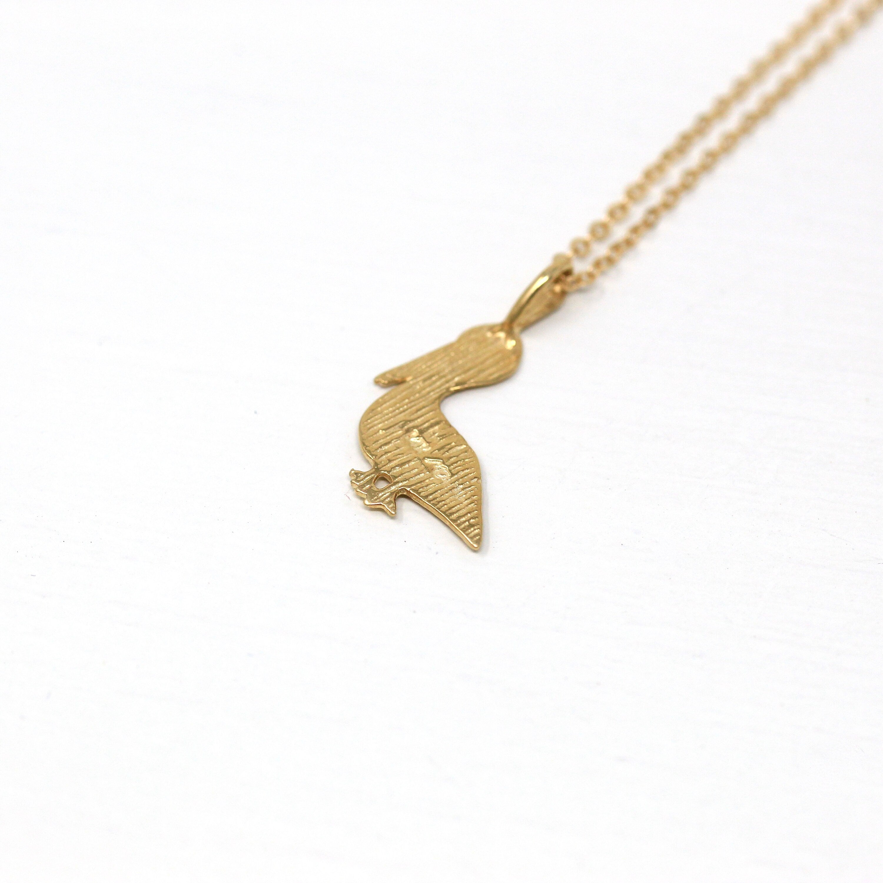 Modern Pelican Charm - Estate 14k Yellow Gold Figural Diamond Cut Water Bird Pendant Necklace - Circa 2000s Era Michael Anthony Fine Jewelry