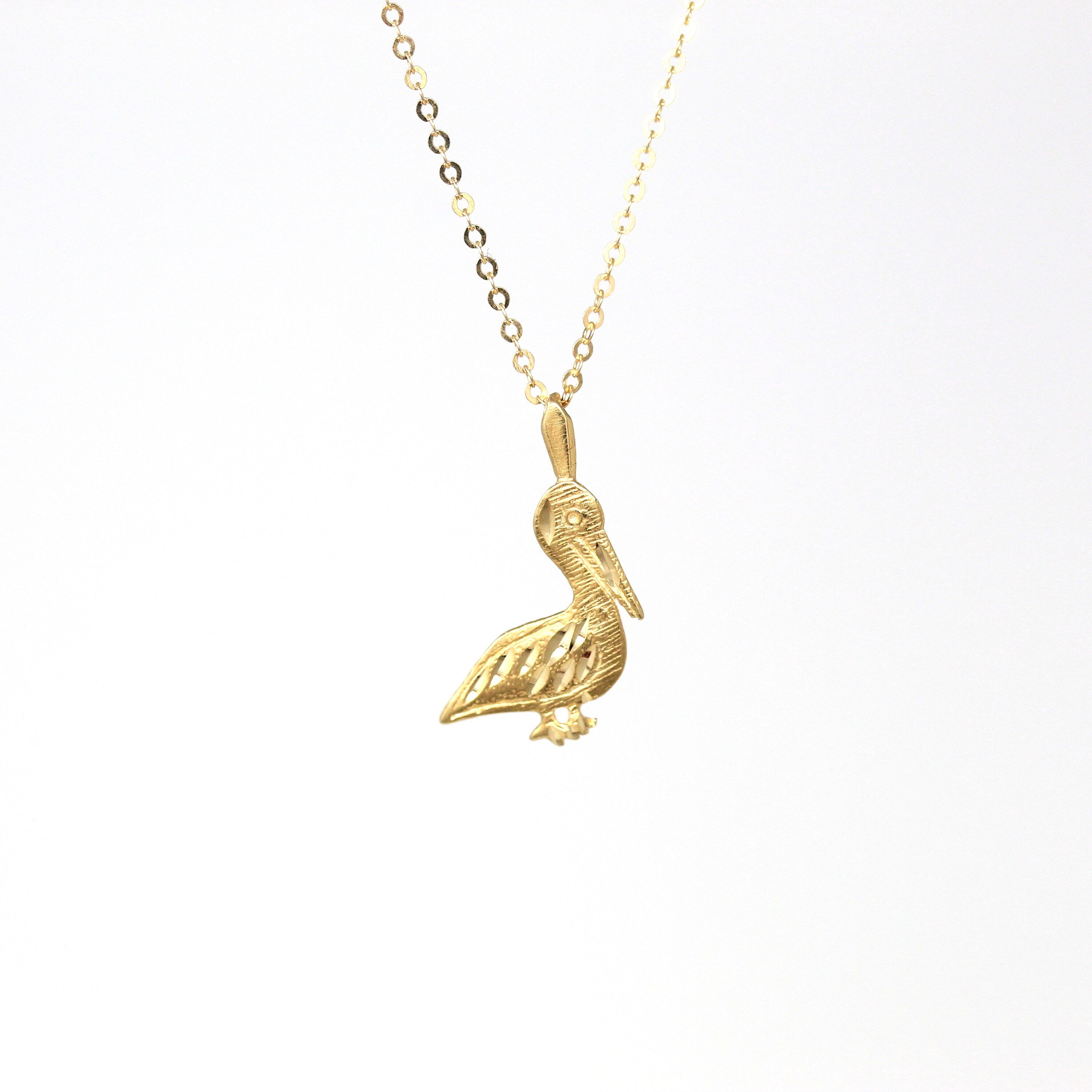 Modern Pelican Charm - Estate 14k Yellow Gold Figural Diamond Cut Water Bird Pendant Necklace - Circa 2000s Era Michael Anthony Fine Jewelry