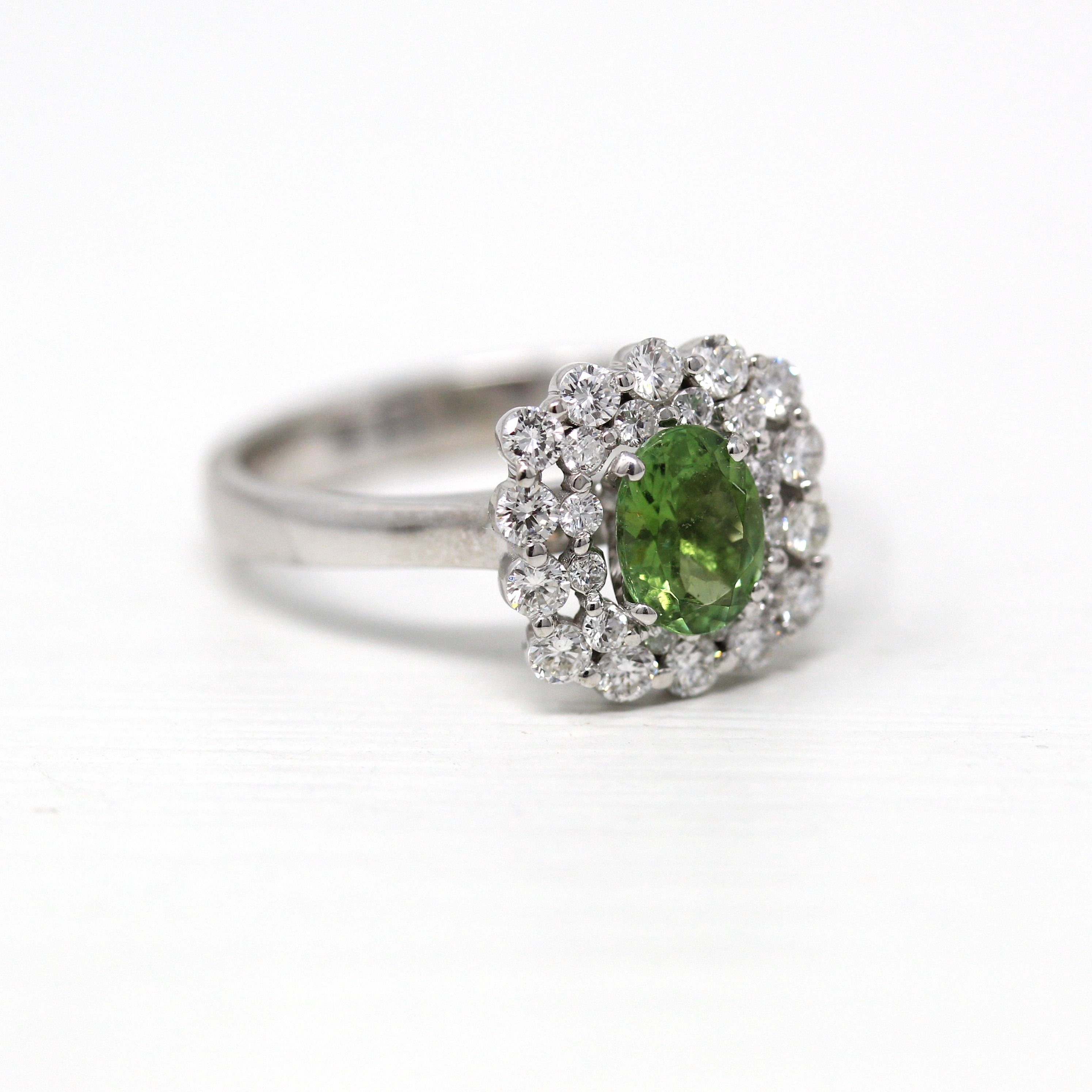 Sale - Green Tourmaline Ring - Modern 14k White Gold Oval Faceted .63 CT Genuine Gem - Estate Circa 2000's Era Size 7.5 Diamond Halo Jewelry