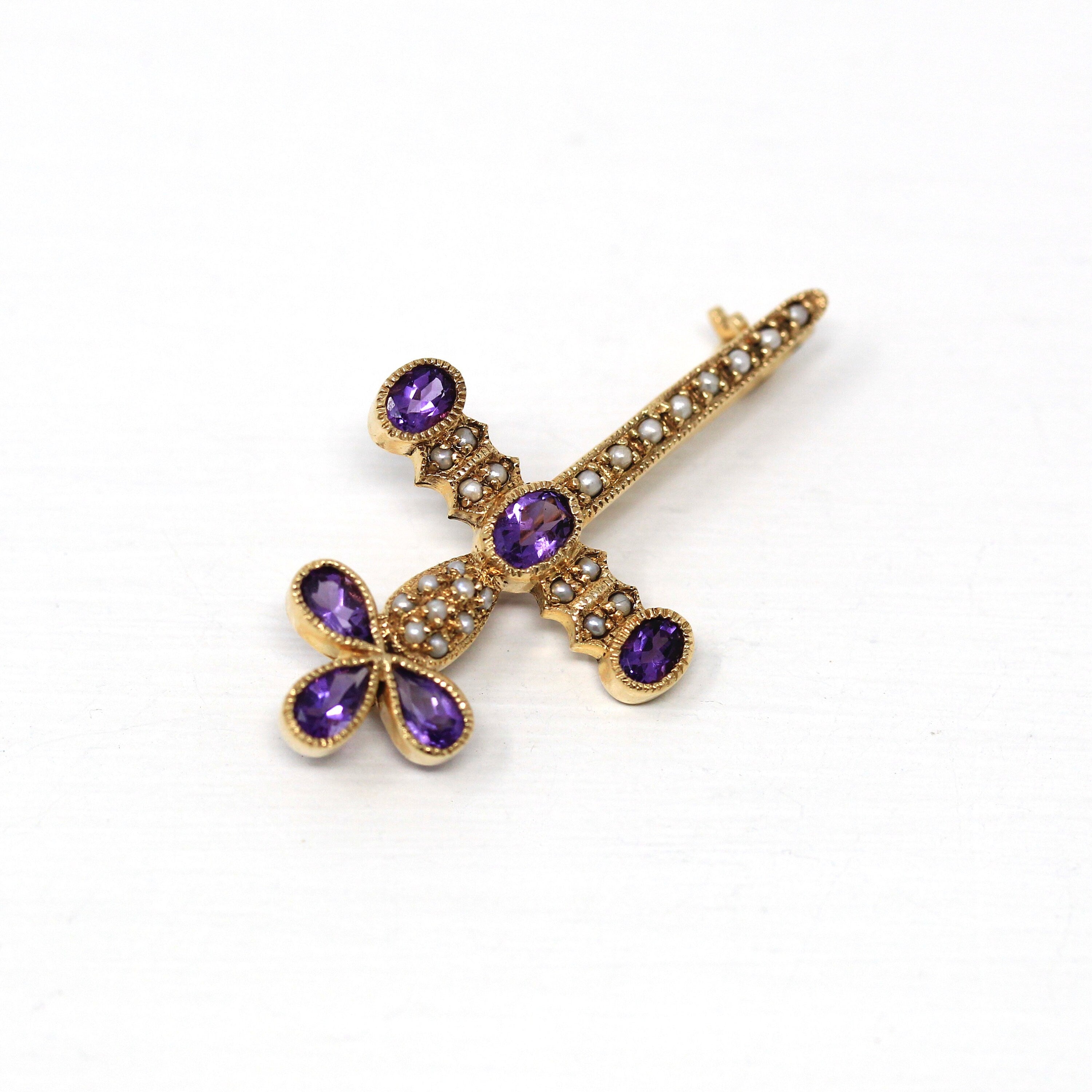 Sale - Genuine Amethyst Brooch - Retro 14k Yellow Gold Seed Pearl Cross Sword Pin - Vintage Circa 1960s Statement Fashion Accessory Jewelry